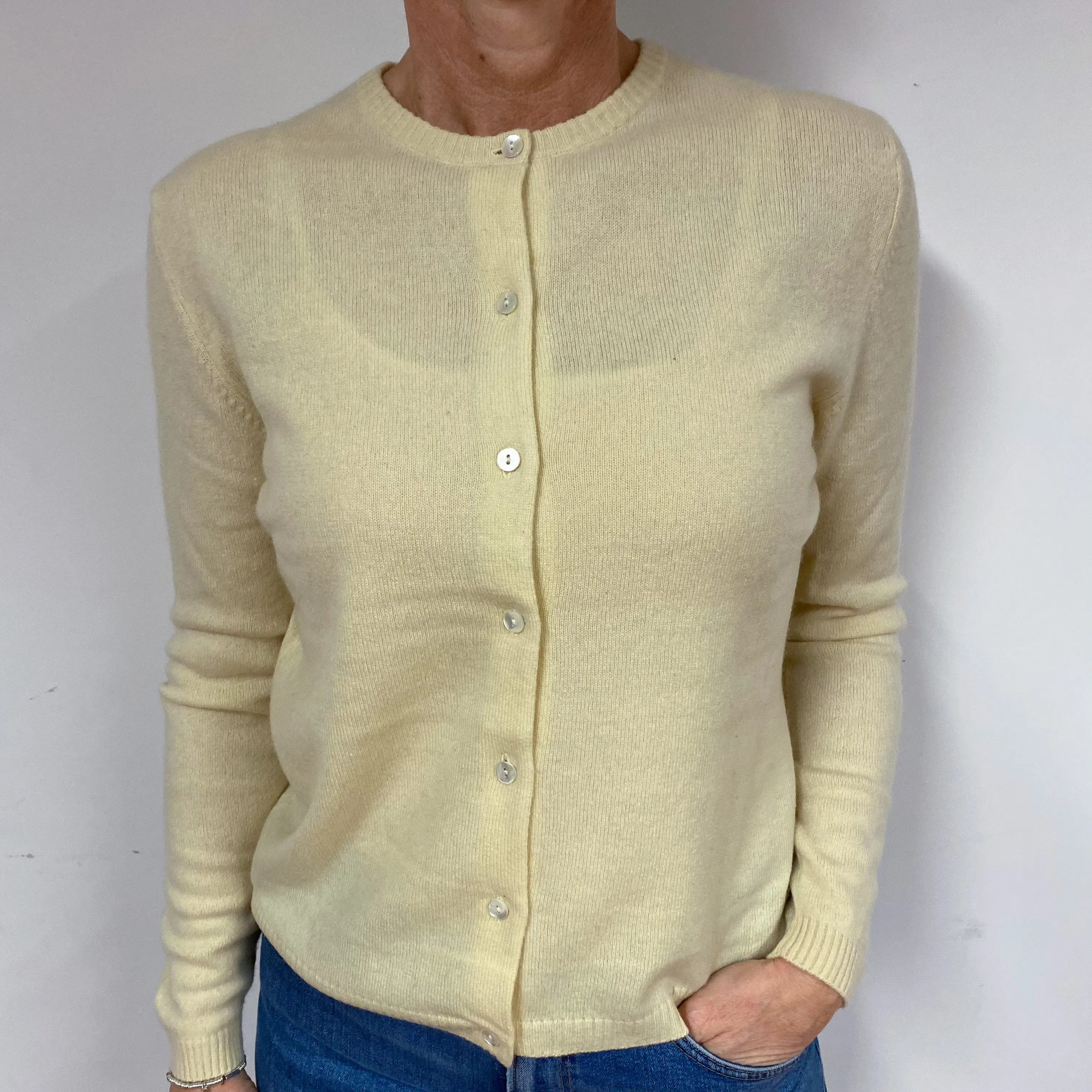 Primrose Yellow Cashmere Crew Neck Cardigan Medium