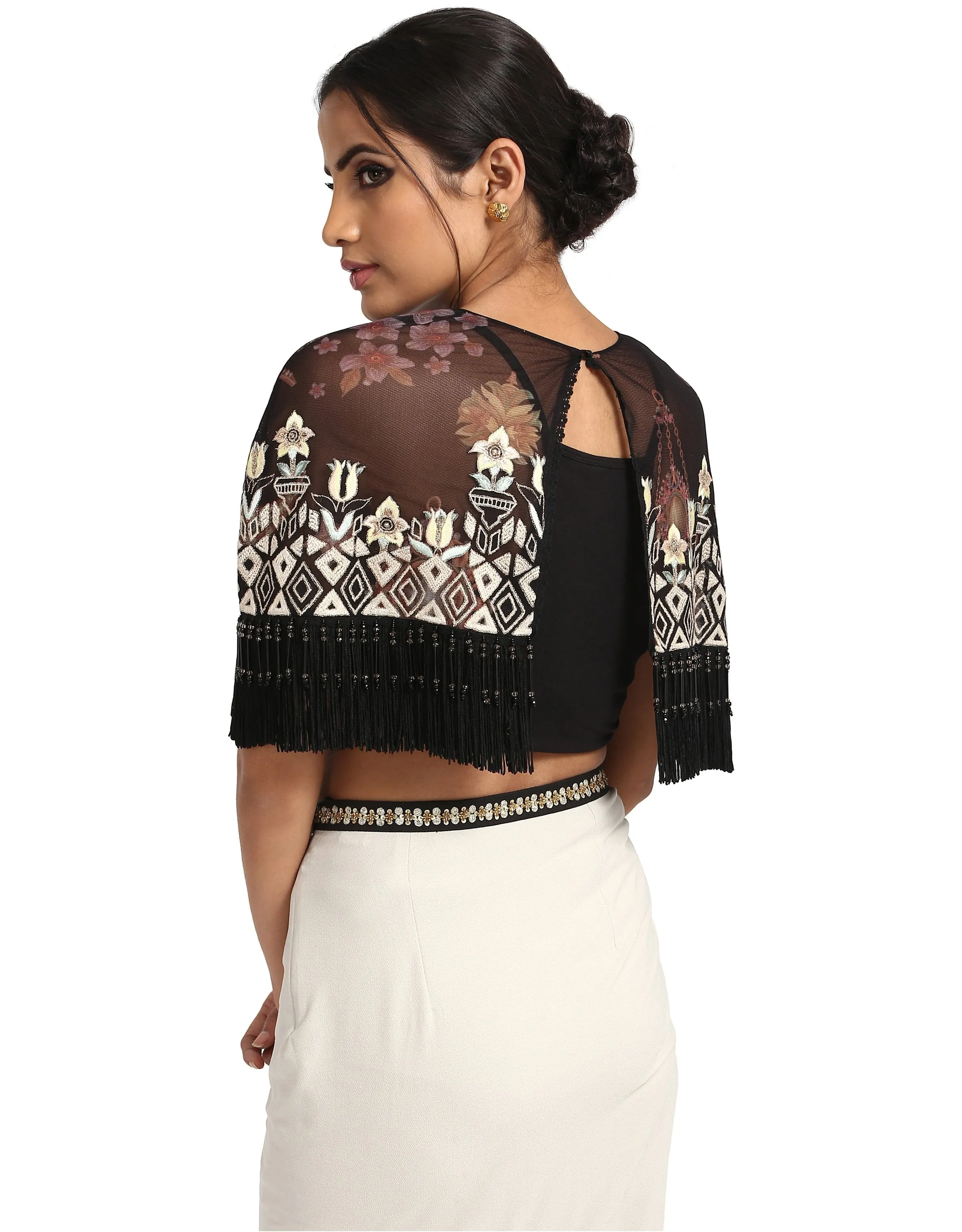 Printed Cape with Handcrafted Embroidery- Black