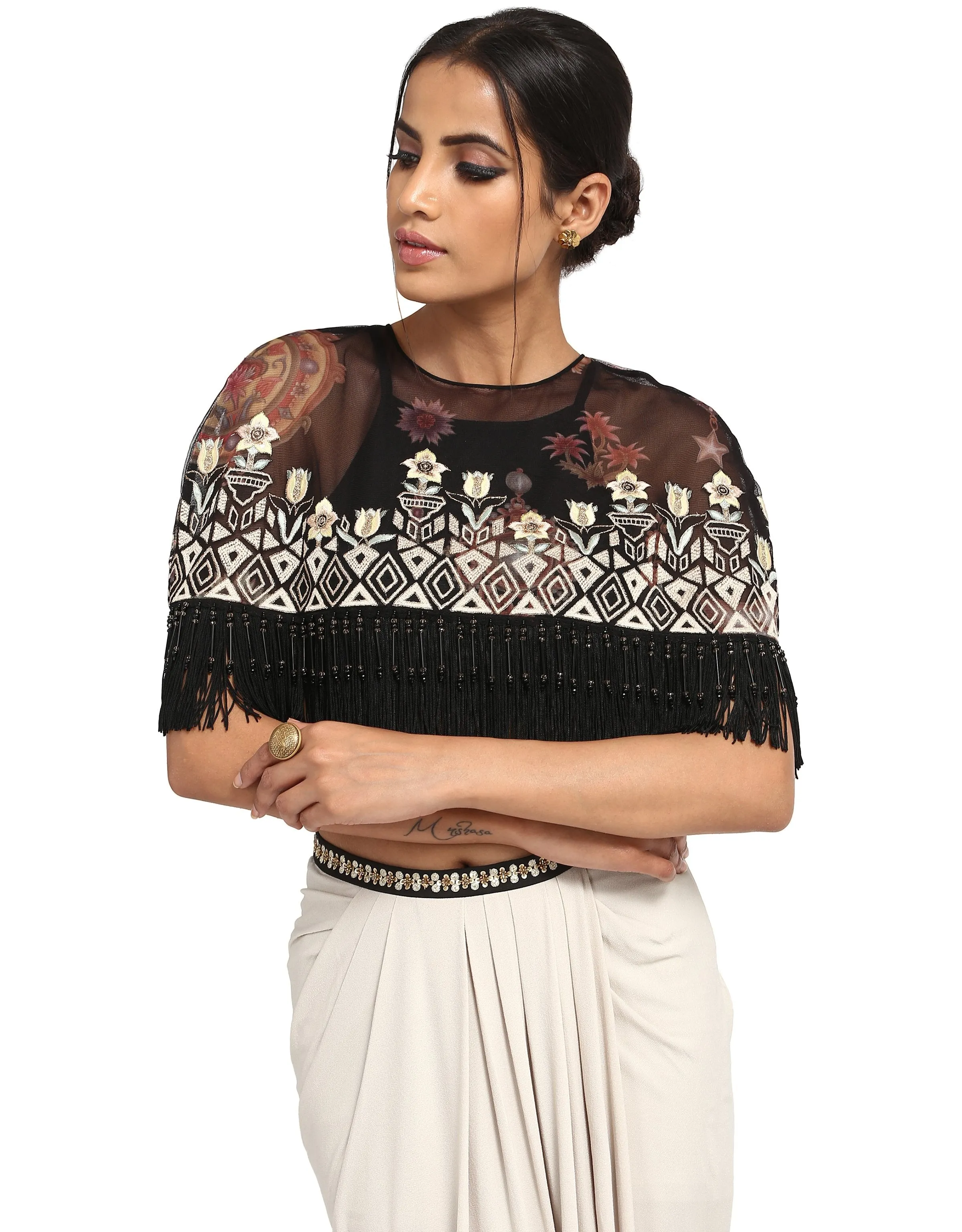 Printed Cape with Handcrafted Embroidery- Black