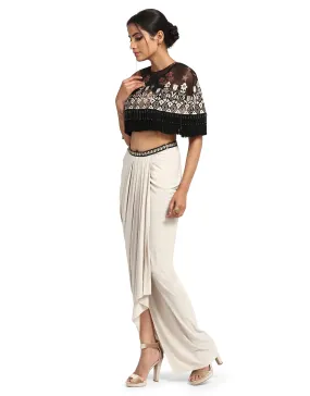 Printed Cape with Handcrafted Embroidery- Black