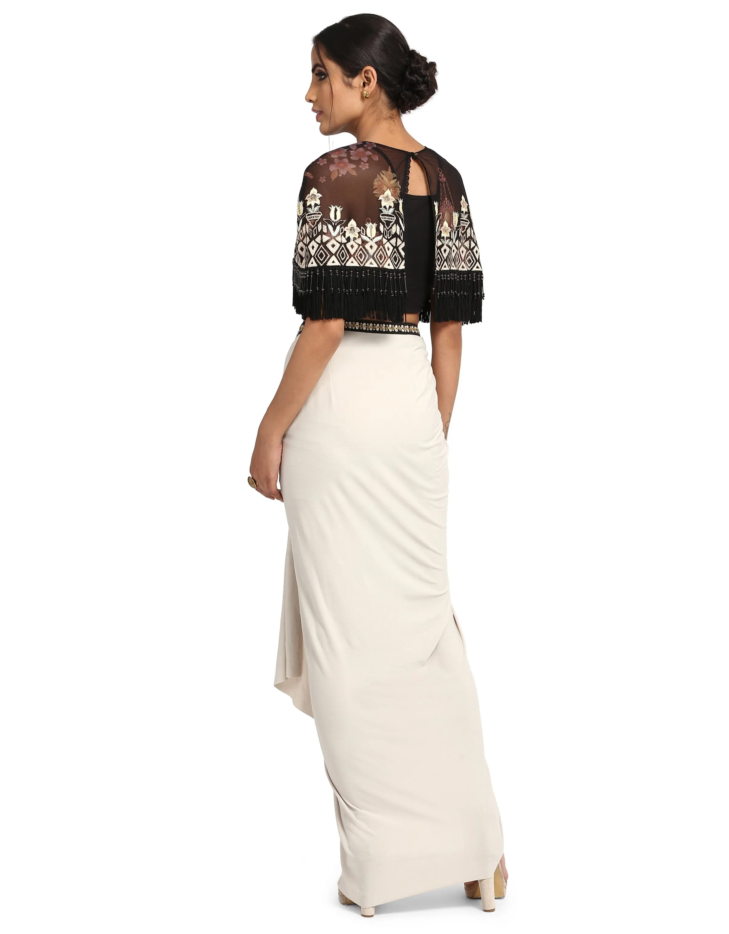Printed Cape with Handcrafted Embroidery- Black