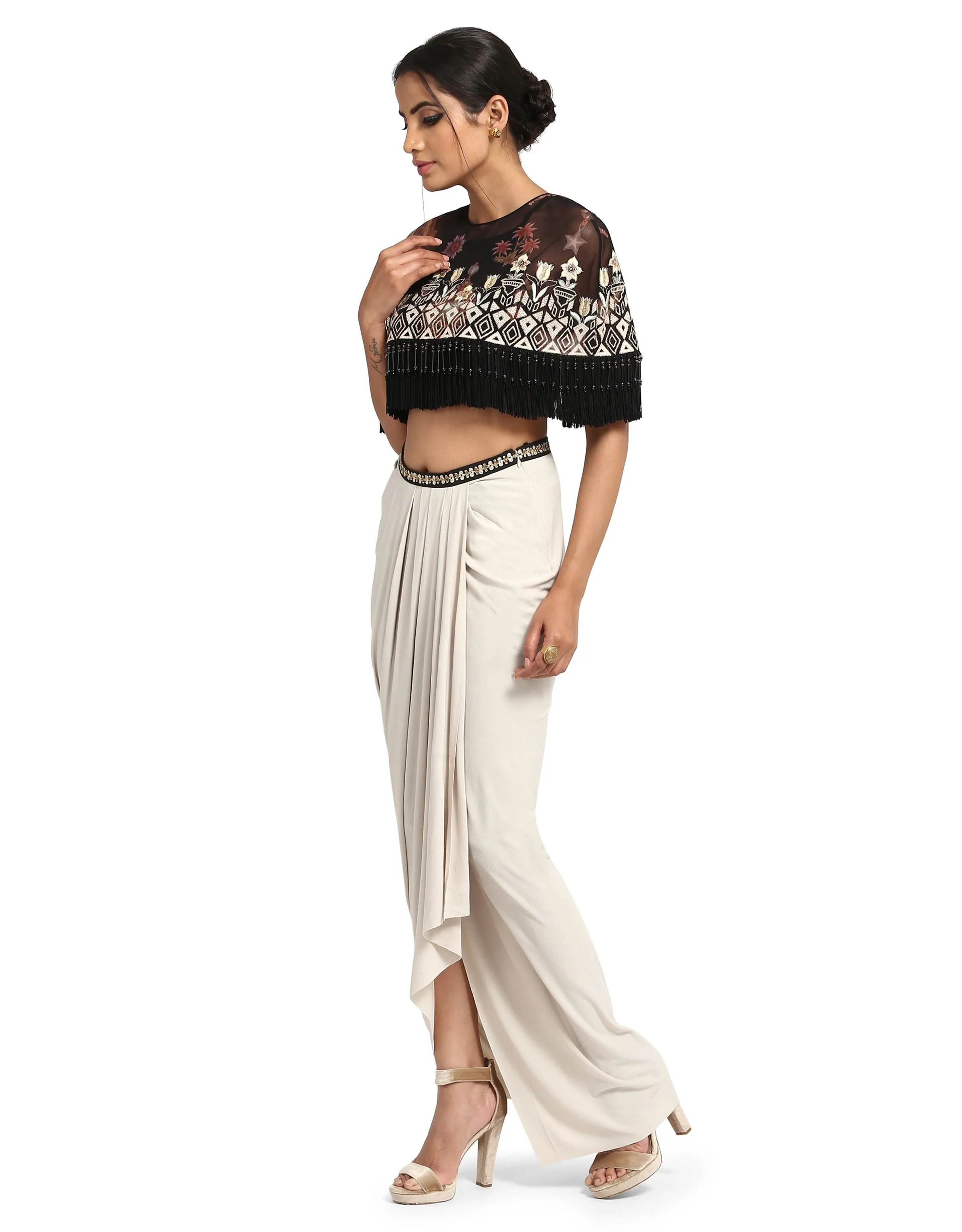 Printed Cape with Handcrafted Embroidery- Black