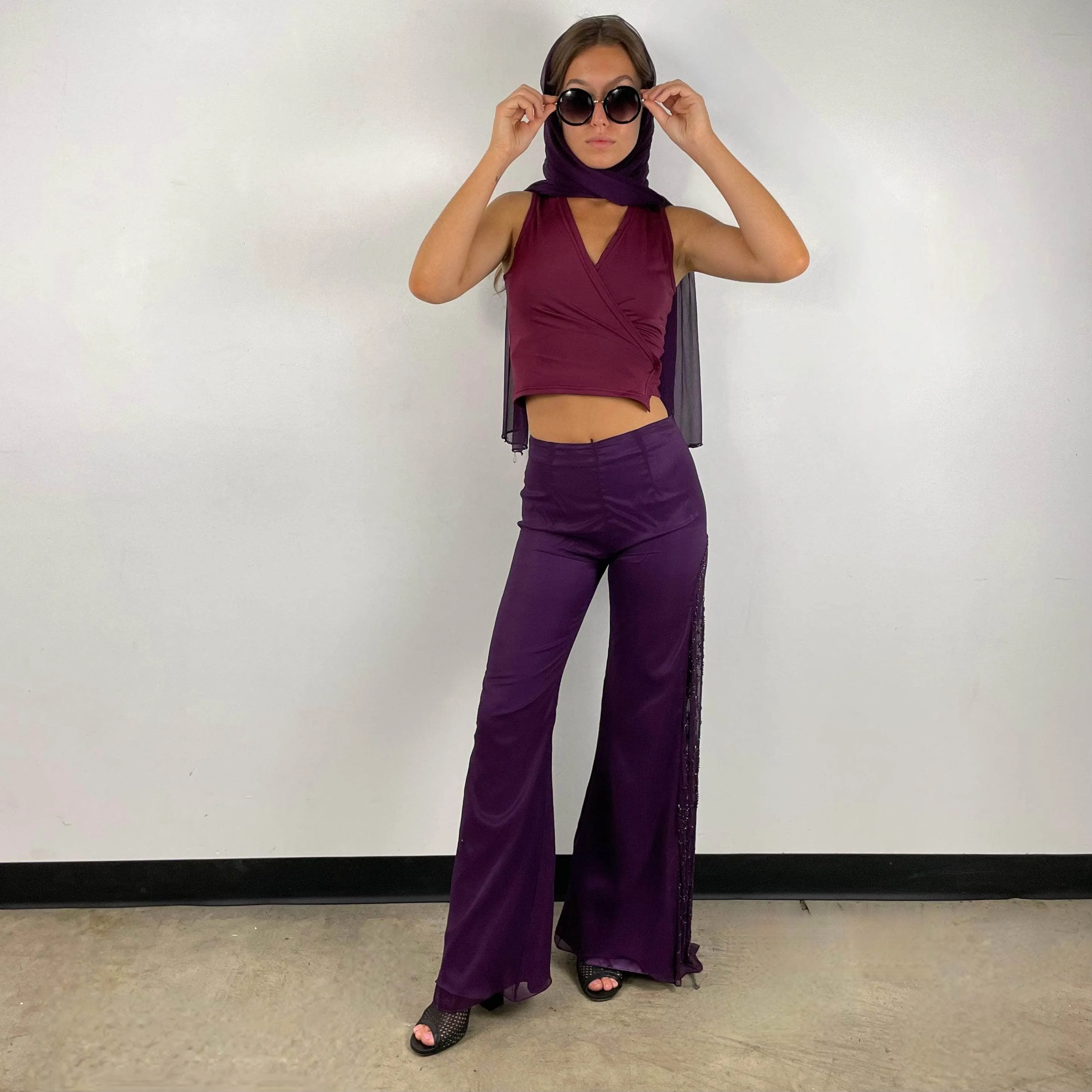 Purple Mid-Rise Flared Pants with Beading X-Small / Small