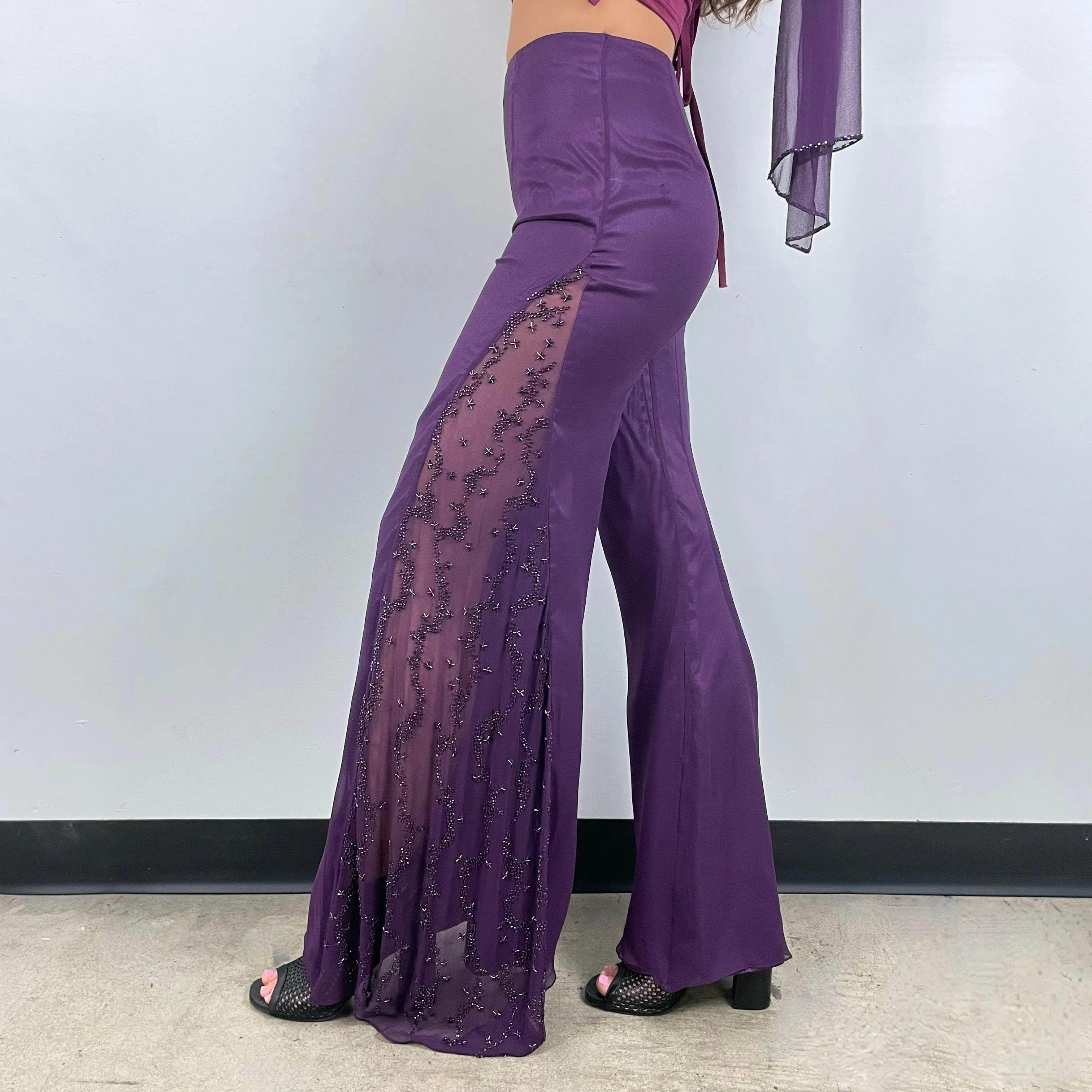 Purple Mid-Rise Flared Pants with Beading X-Small / Small
