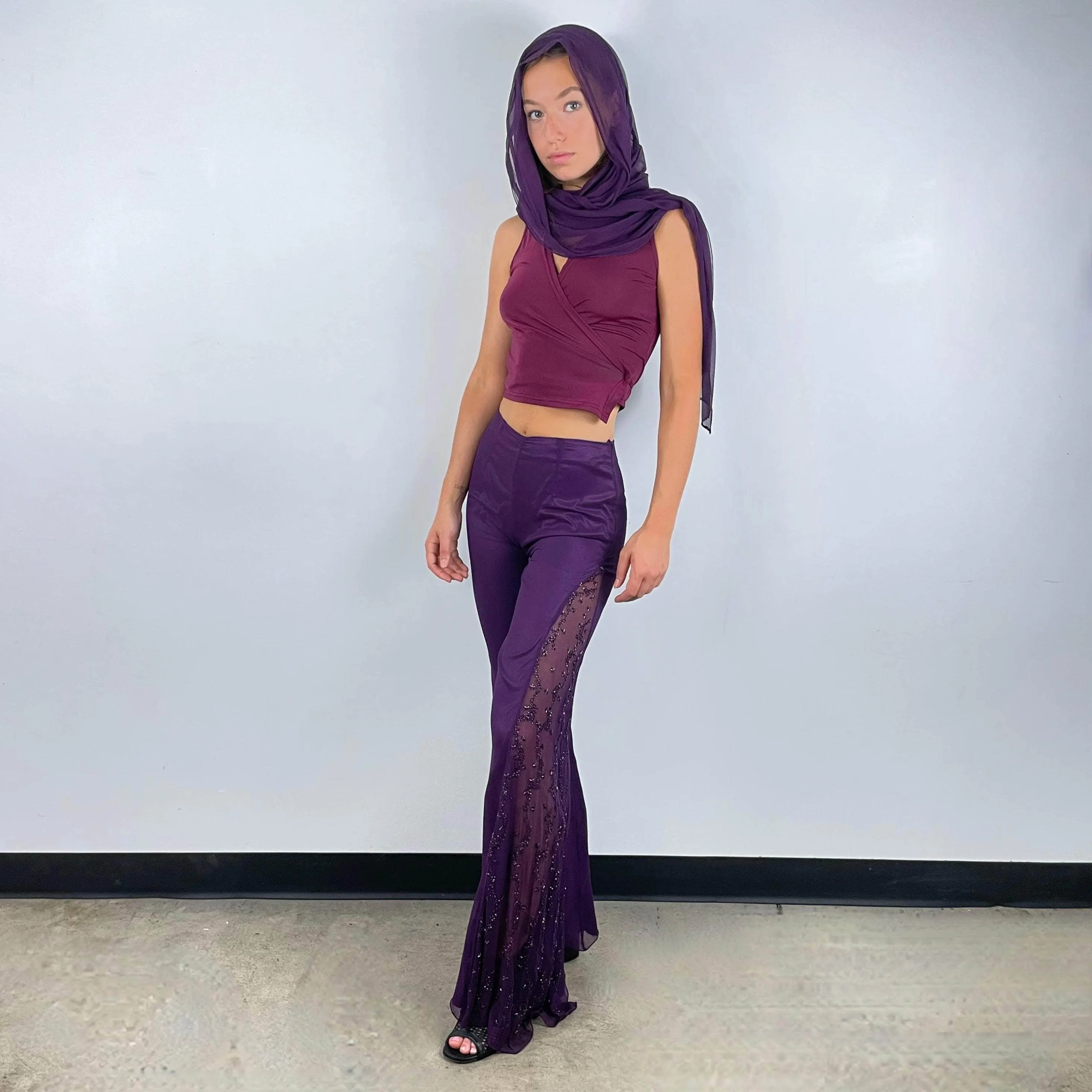 Purple Mid-Rise Flared Pants with Beading X-Small / Small