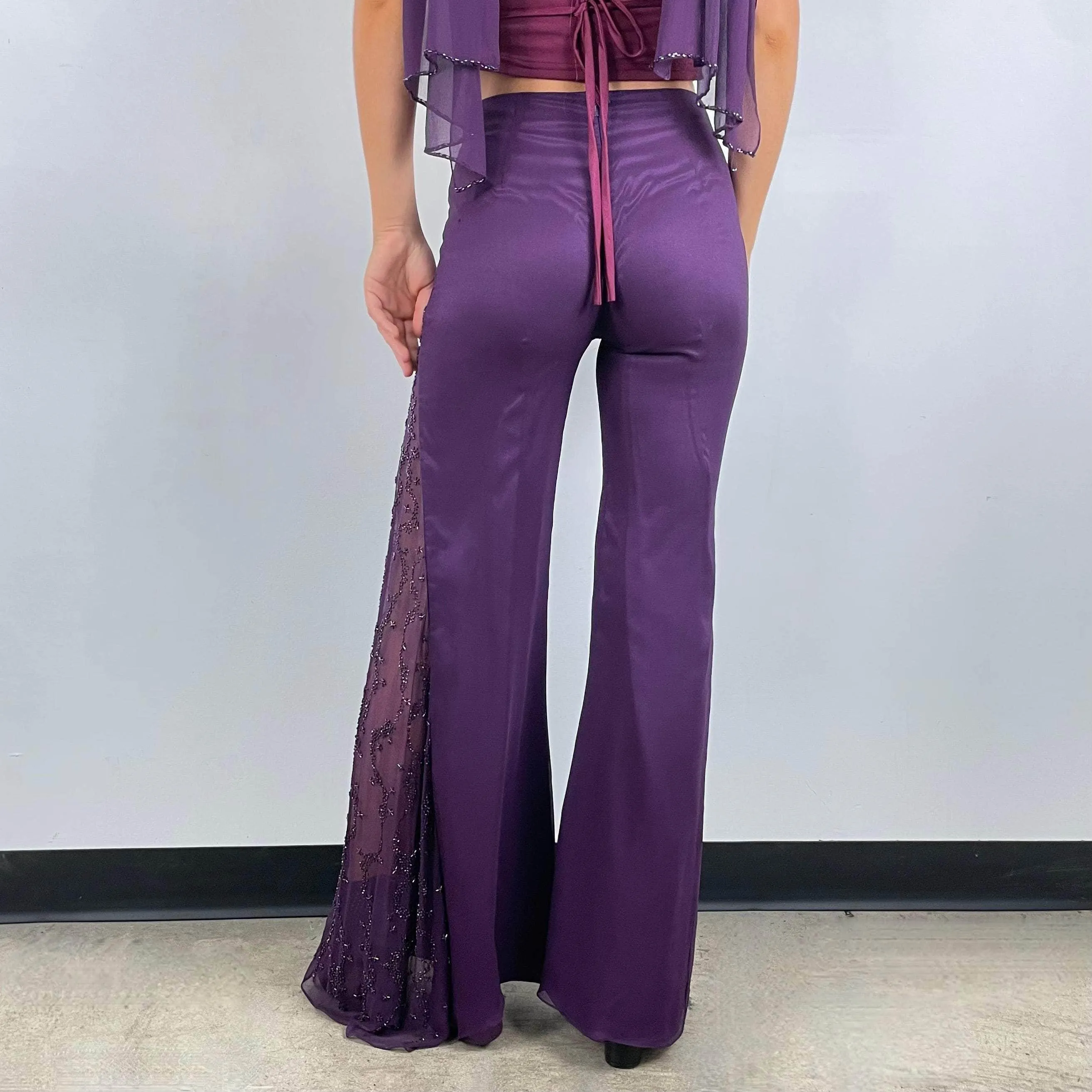 Purple Mid-Rise Flared Pants with Beading X-Small / Small