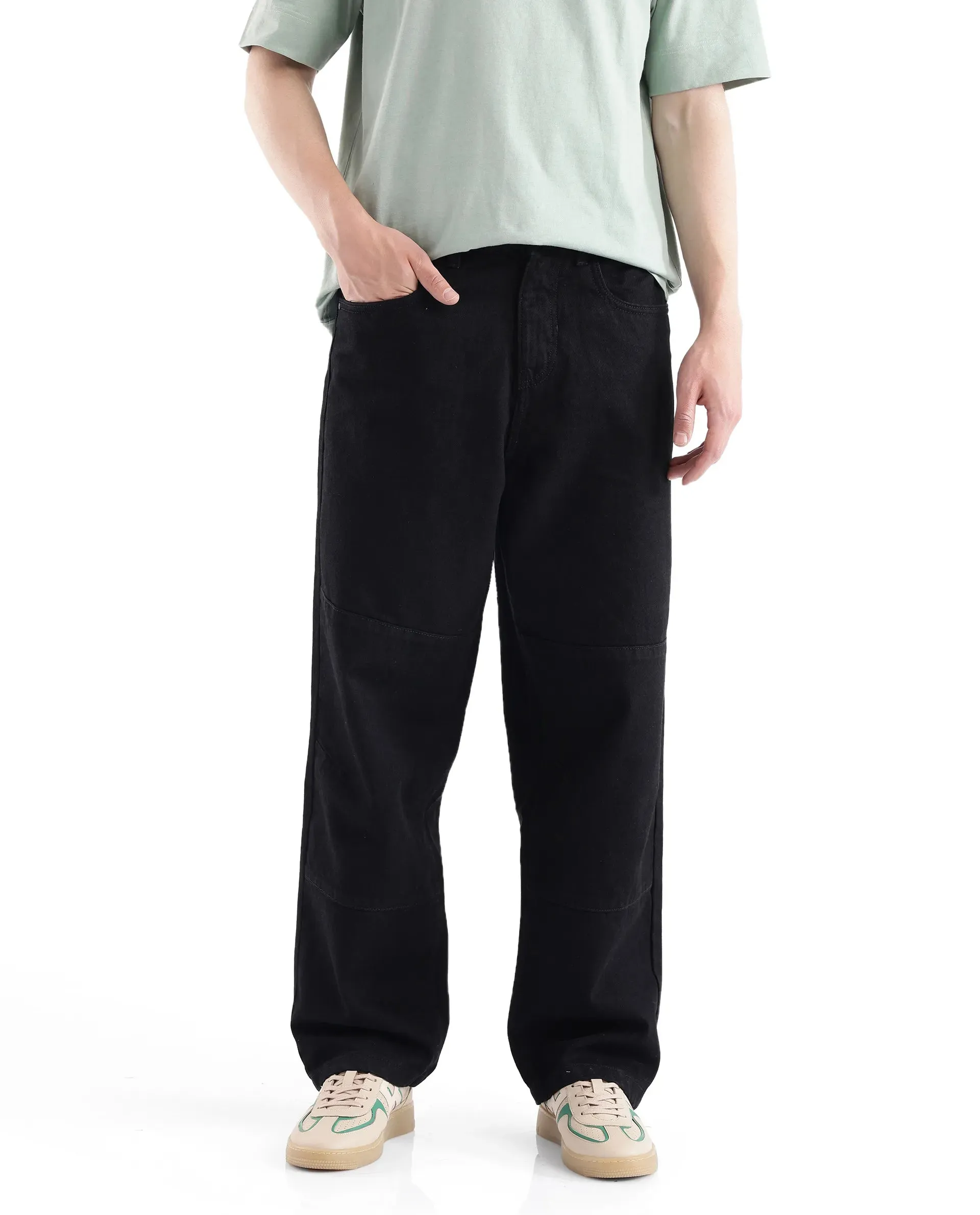 Rare Rabbit Men's Niob Black Cotton Fabric Mid Rise Dark Wash Baggy Fit Solid Jeans