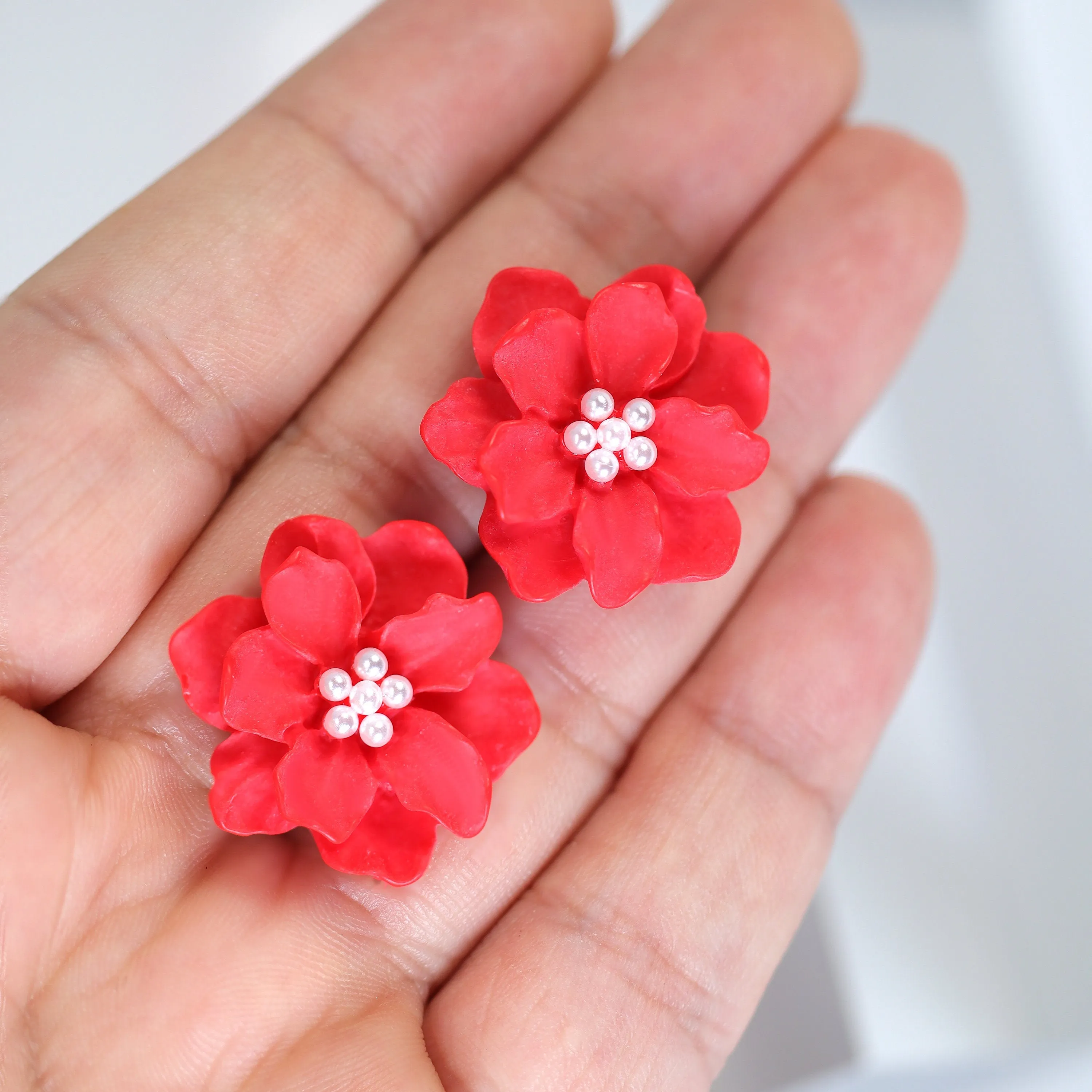 Red Flower Pearl Earrings, Bridal Jewelry, Bridal Stud Earrings, Bridal Earrings, Statement Earrings, Bridesmaid Earring.
