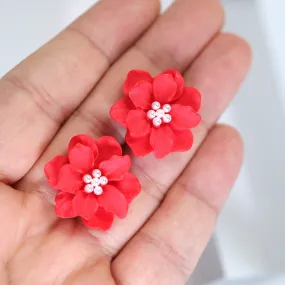 Red Flower Pearl Earrings, Bridal Jewelry, Bridal Stud Earrings, Bridal Earrings, Statement Earrings, Bridesmaid Earring.