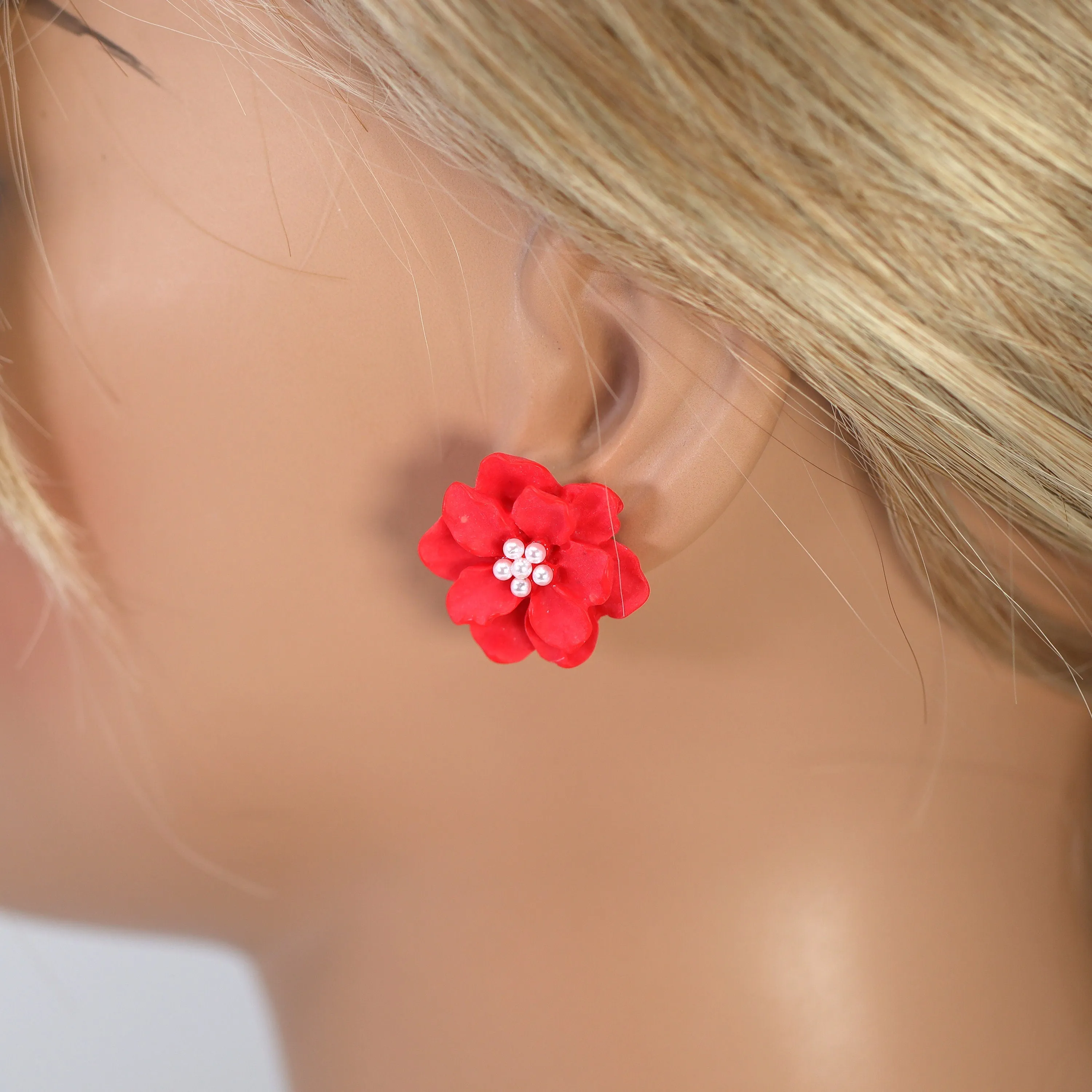 Red Flower Pearl Earrings, Bridal Jewelry, Bridal Stud Earrings, Bridal Earrings, Statement Earrings, Bridesmaid Earring.