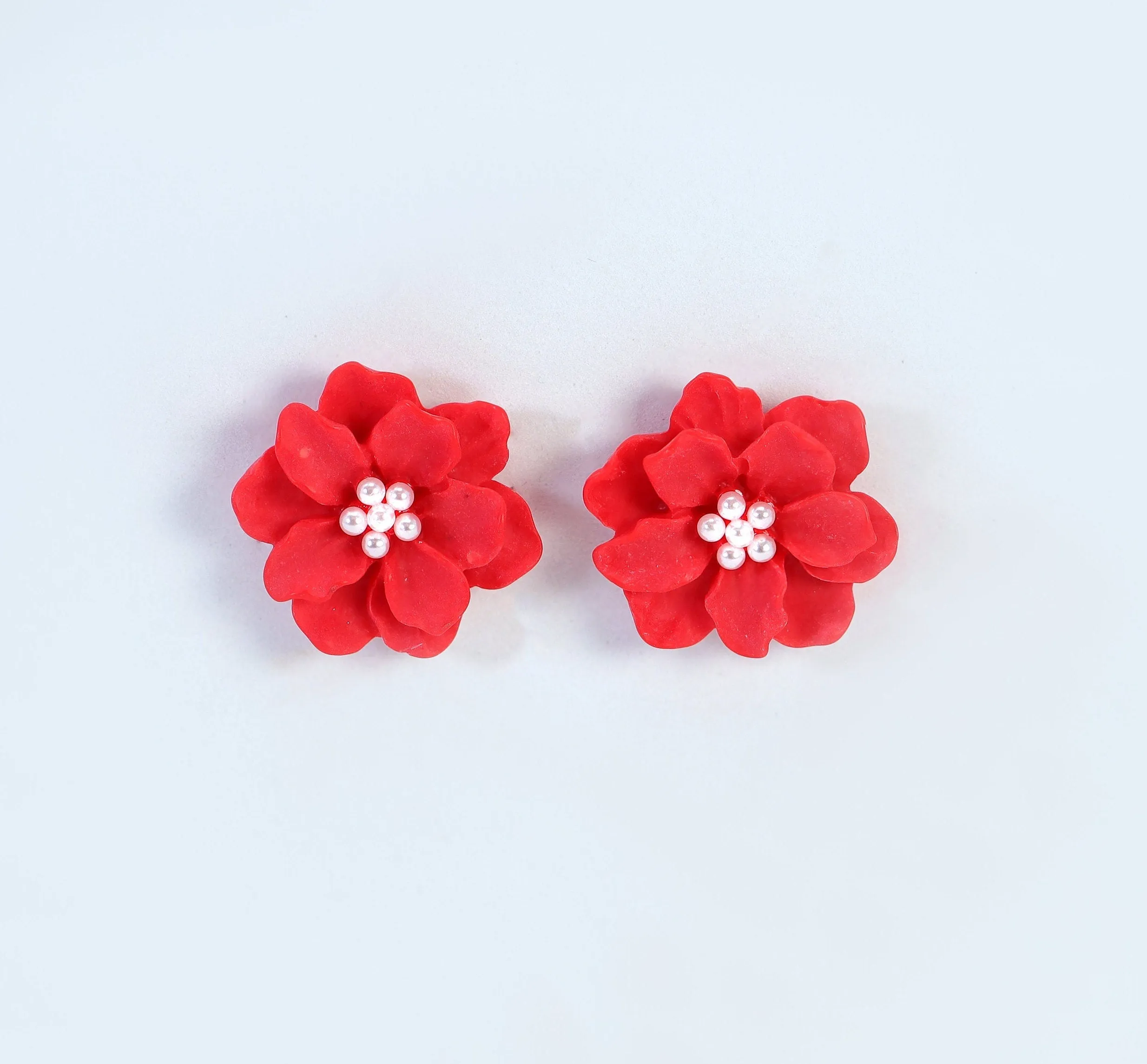 Red Flower Pearl Earrings, Bridal Jewelry, Bridal Stud Earrings, Bridal Earrings, Statement Earrings, Bridesmaid Earring.