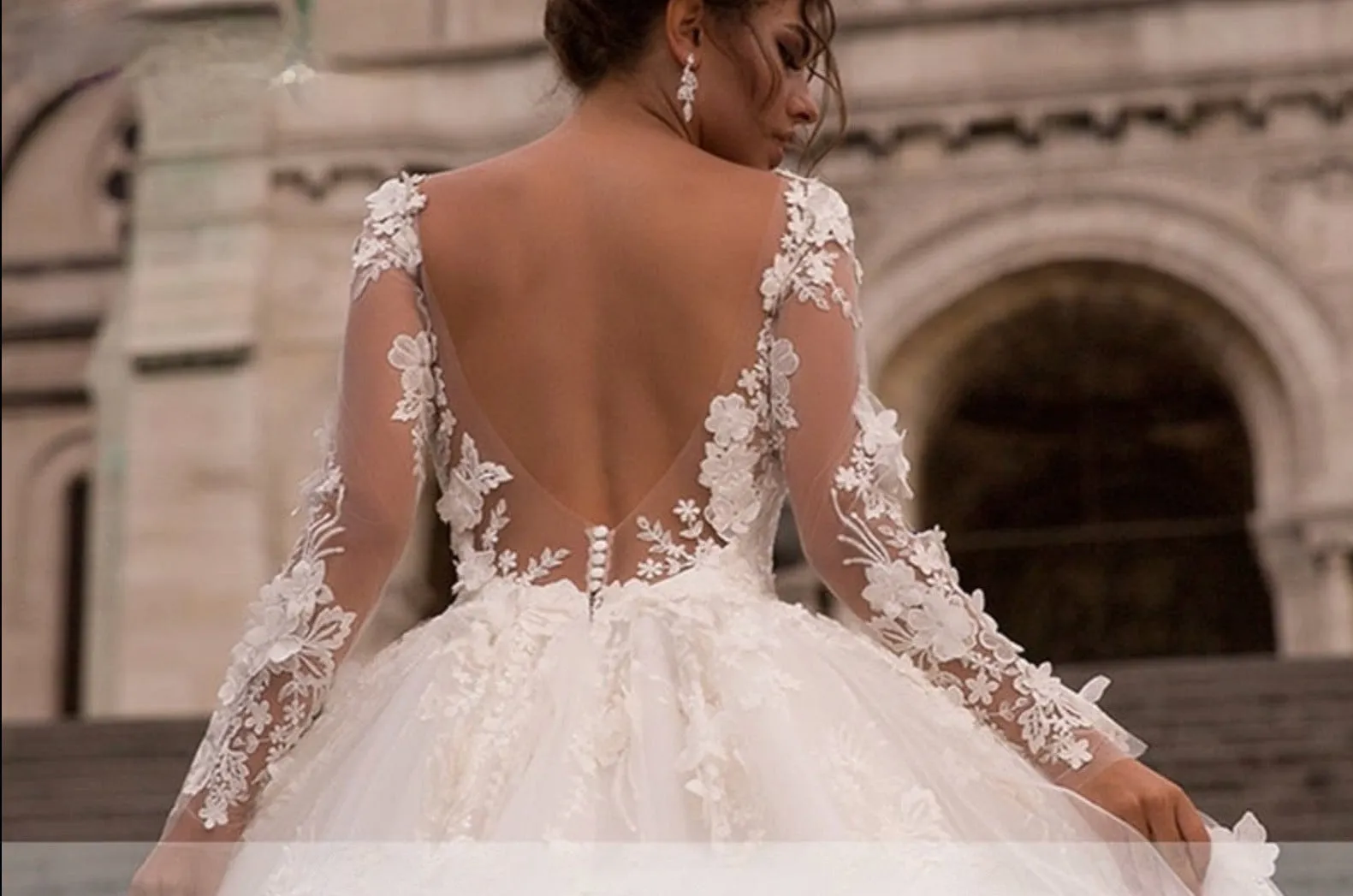 Royal Train A-Line Romantic Illusion Lace Long Sleeve Wedding Bridal Ball Gown