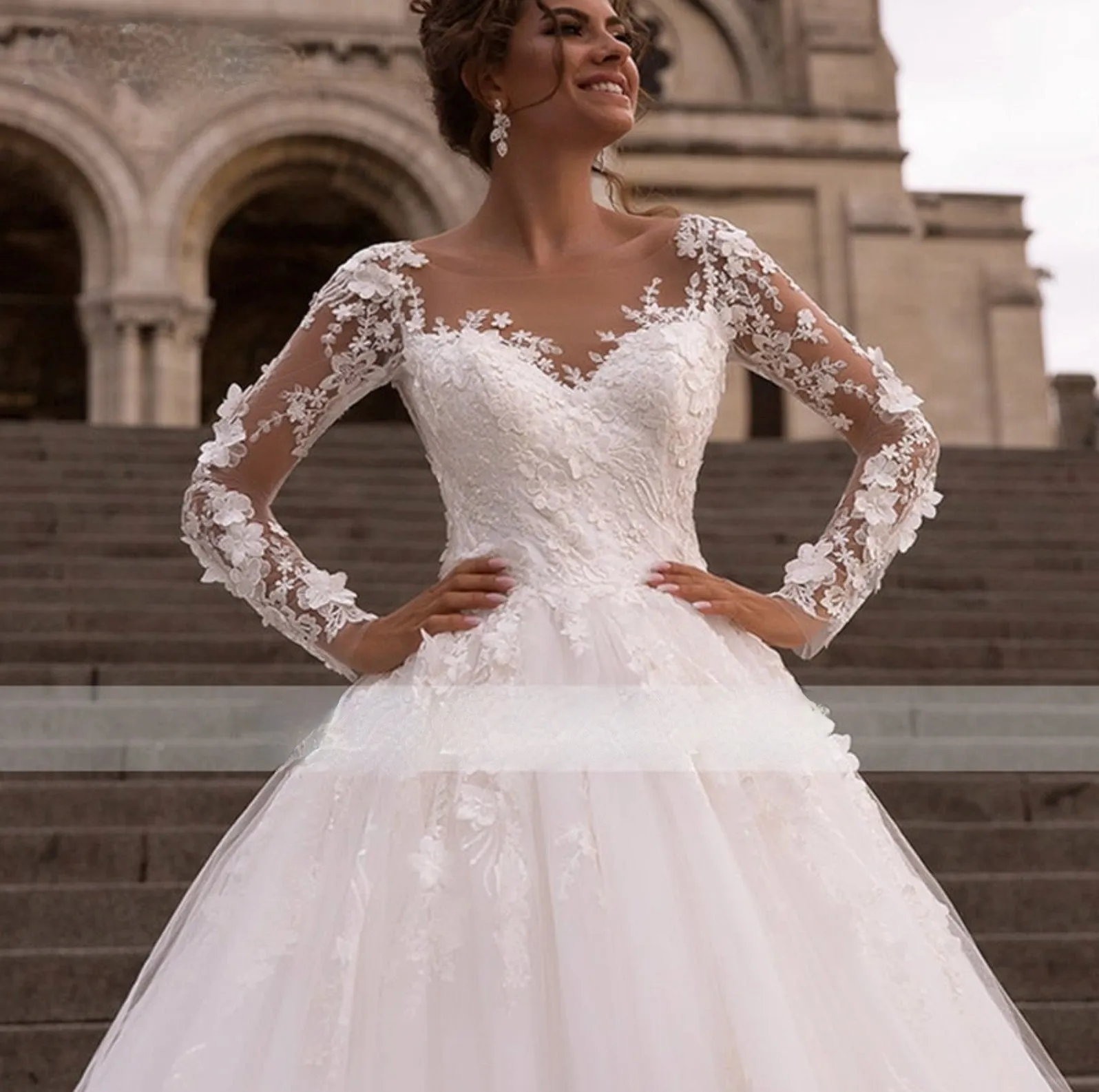 Royal Train A-Line Romantic Illusion Lace Long Sleeve Wedding Bridal Ball Gown