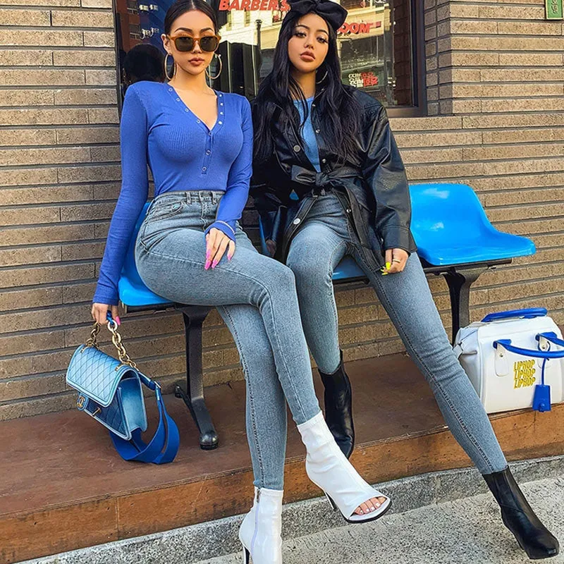 Sexy Plain High Waist Rivet Skinny Bodycon Denim Pants