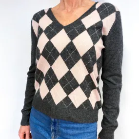 Slate Grey And Ice Pink Cashmere V-Neck Jumper Medium