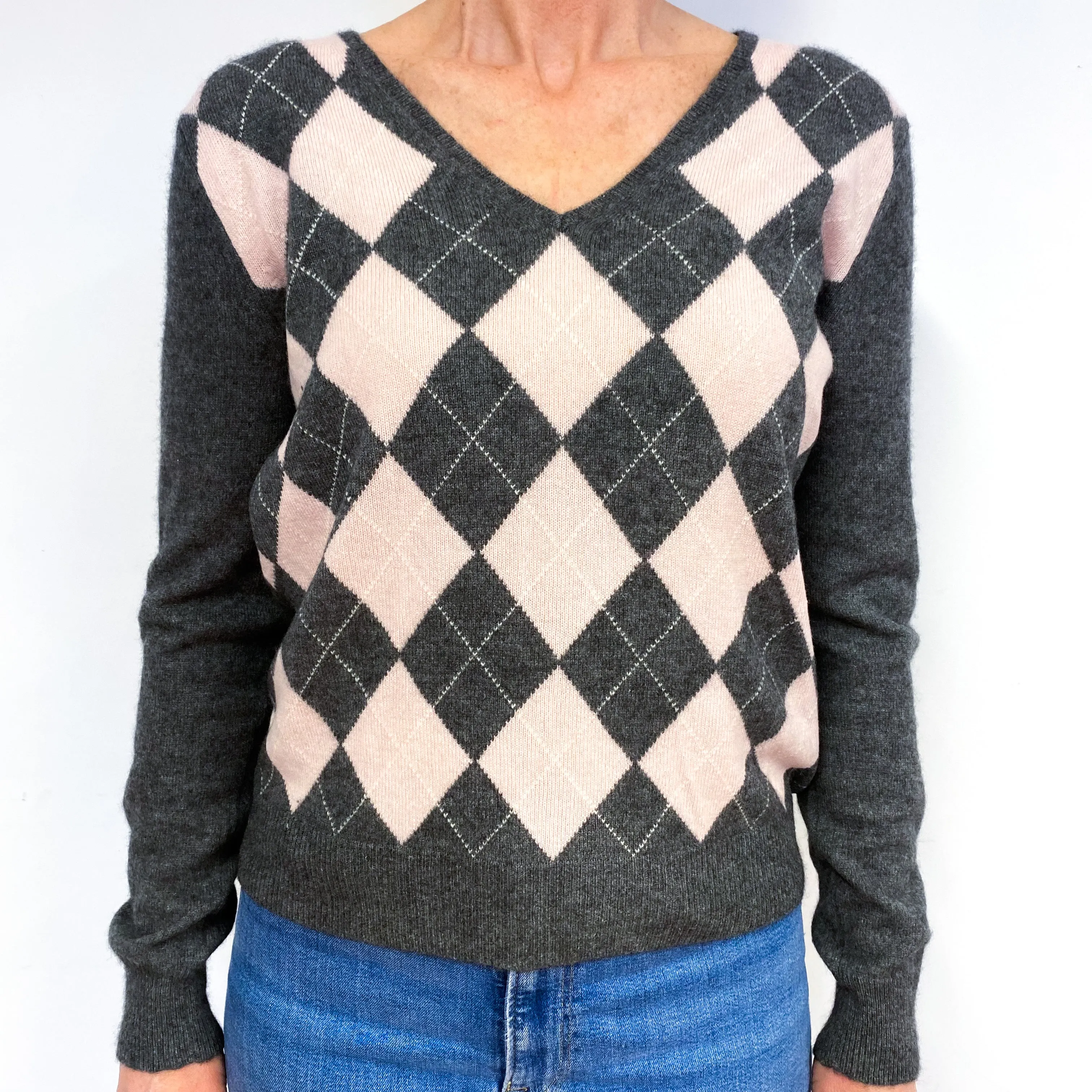 Slate Grey And Ice Pink Cashmere V-Neck Jumper Medium