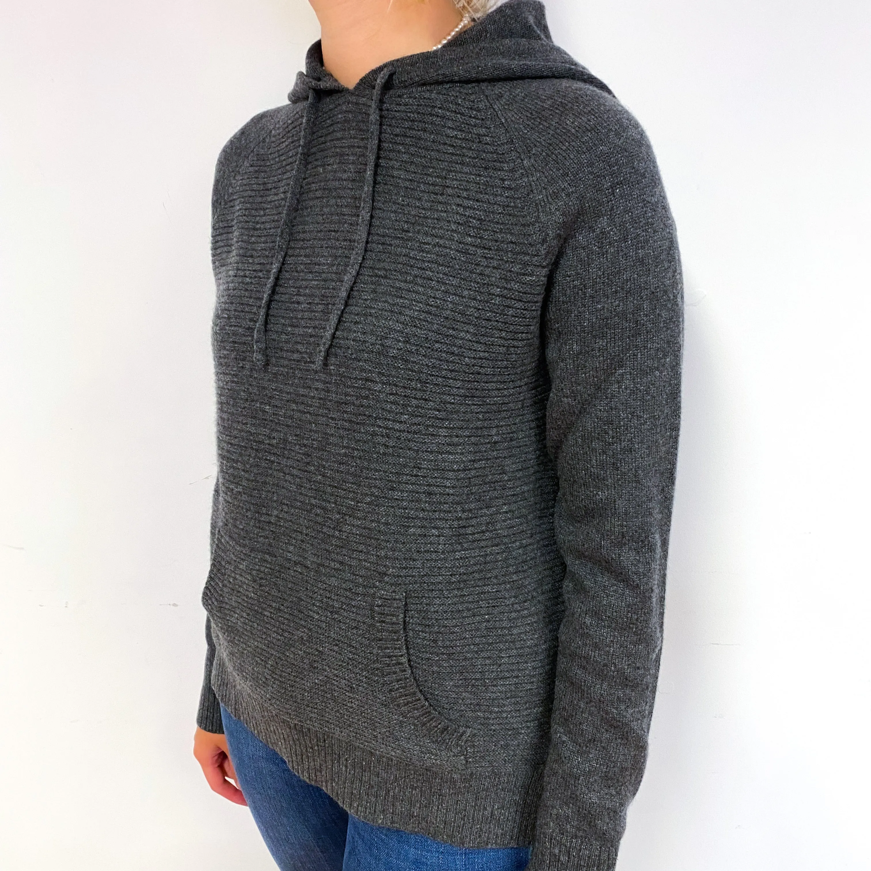 Slate Grey Heavy Rib Cashmere Hoodie Jumper Small