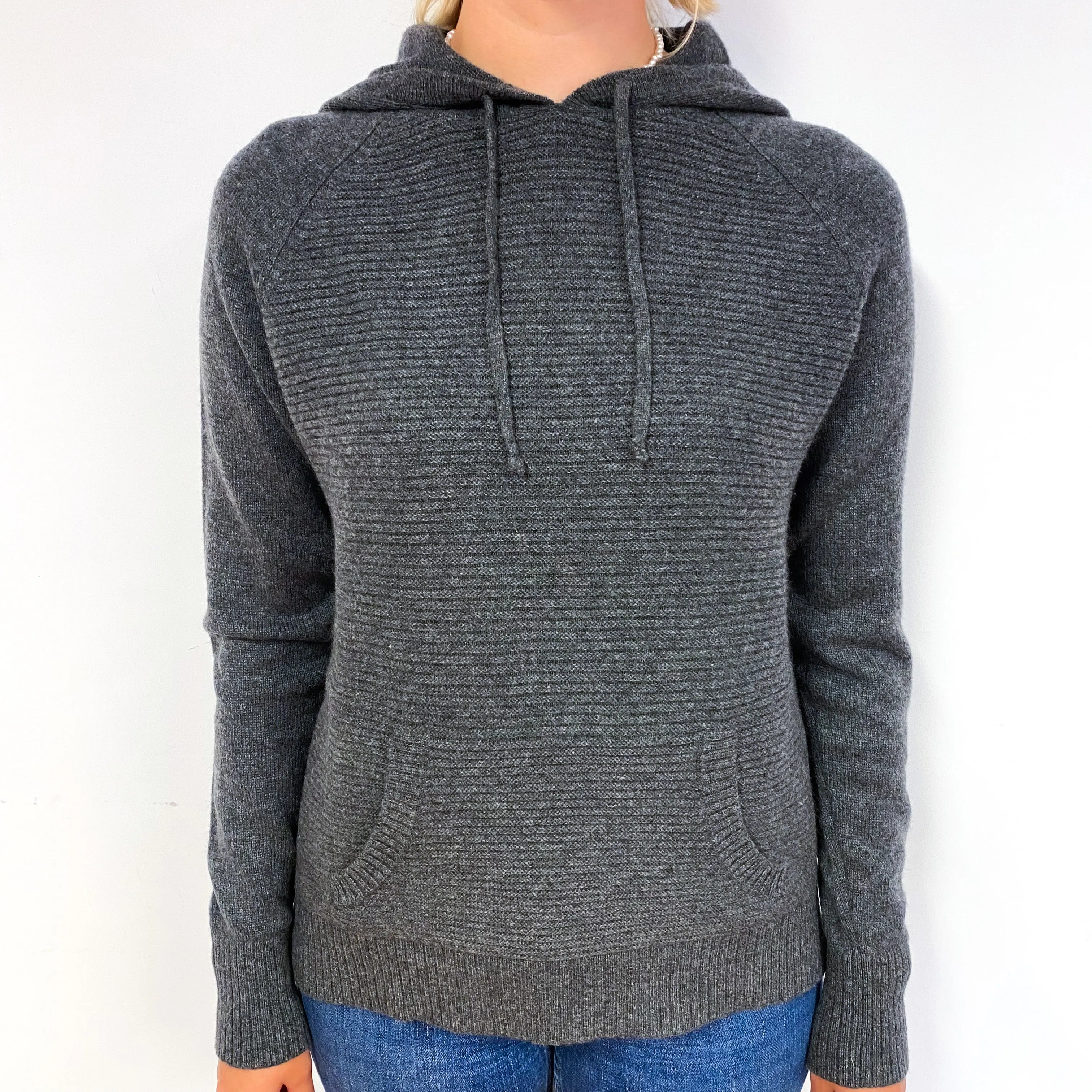 Slate Grey Heavy Rib Cashmere Hoodie Jumper Small