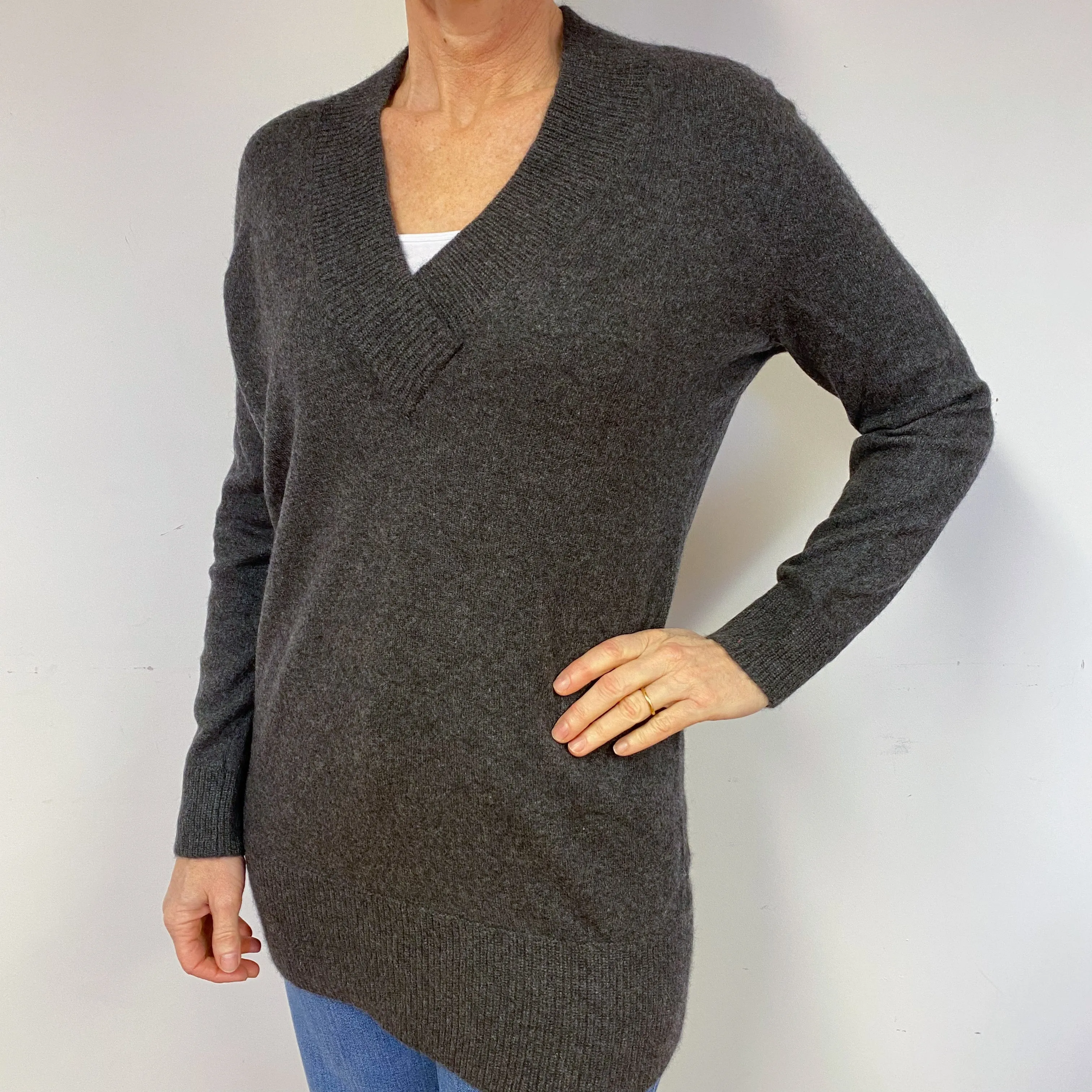 Slate Grey Longline Cashmere V-Neck Jumper Medium