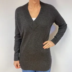 Slate Grey Longline Cashmere V-Neck Jumper Medium