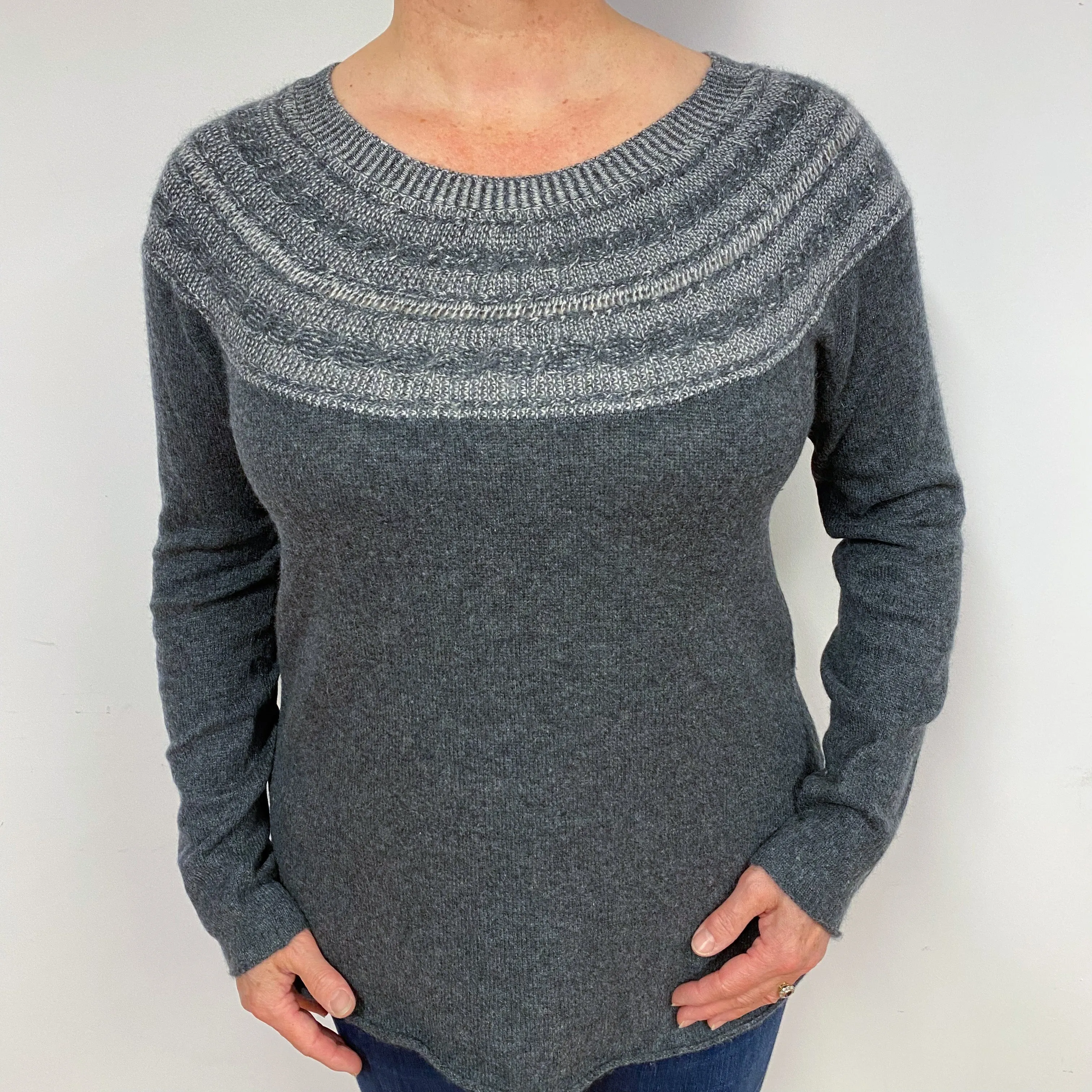 Slate Grey Patterned Cashmere Crew Neck Jumper Large