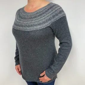 Slate Grey Patterned Cashmere Crew Neck Jumper Large