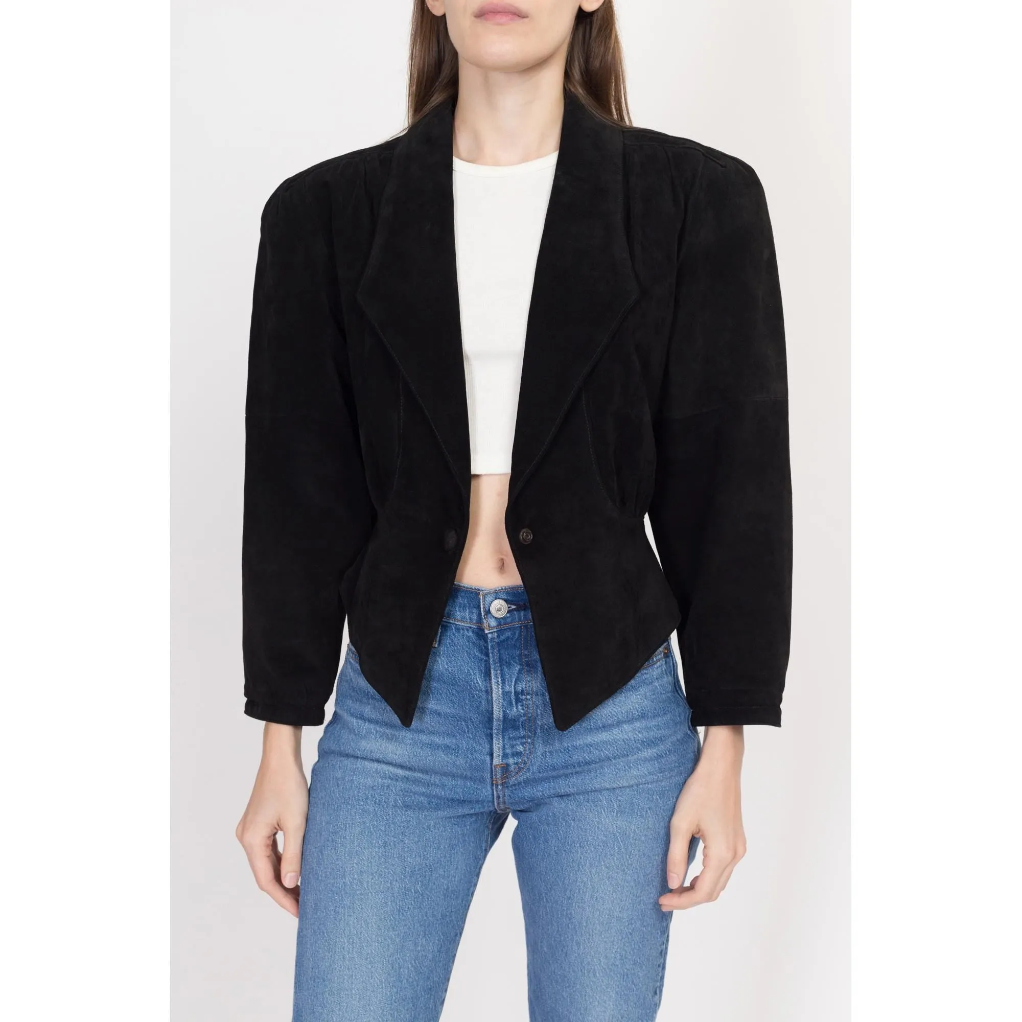 Small 80s New Wave Black Suede Cropped Jacket