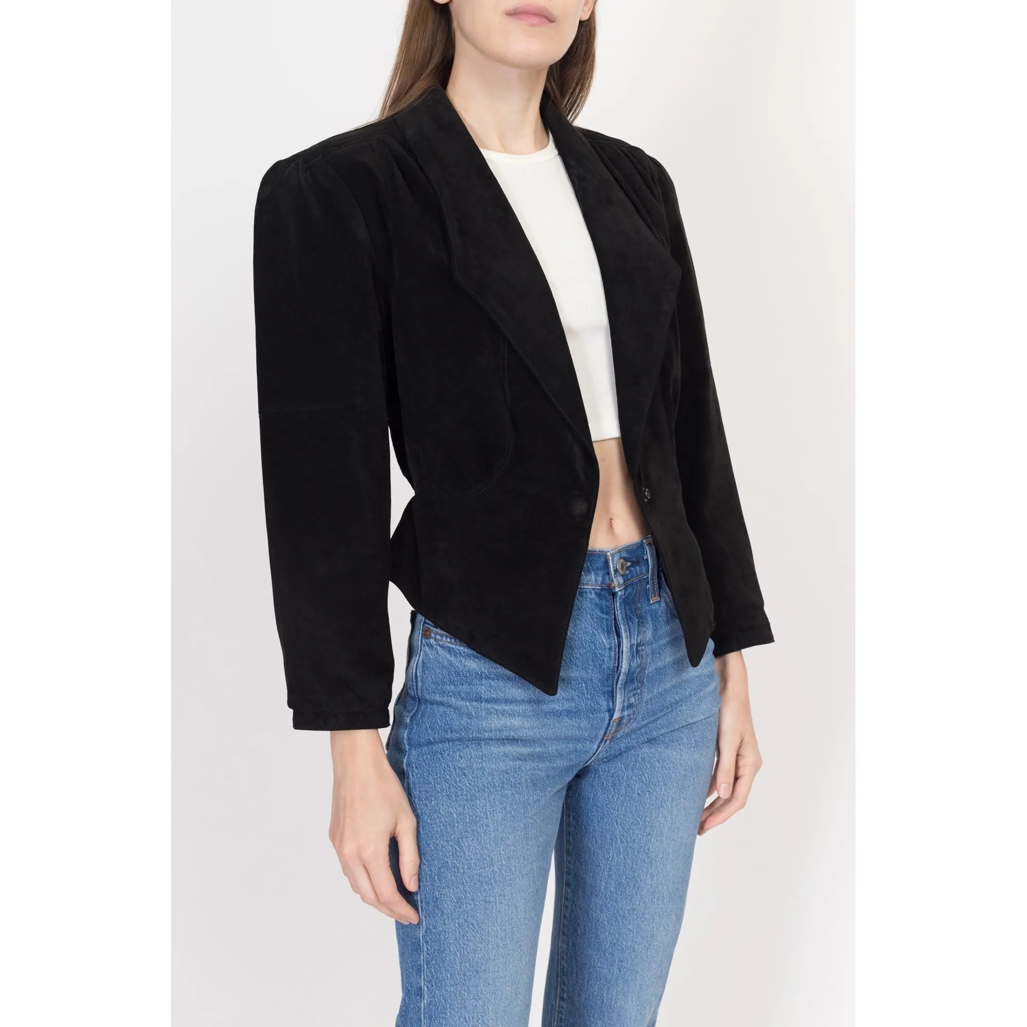 Small 80s New Wave Black Suede Cropped Jacket