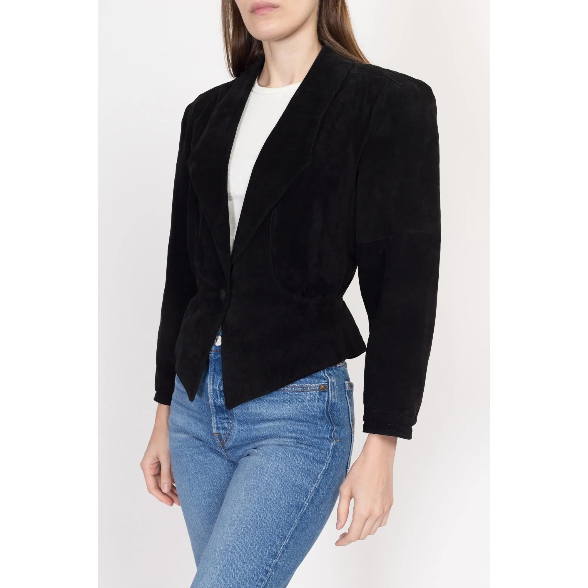 Small 80s New Wave Black Suede Cropped Jacket