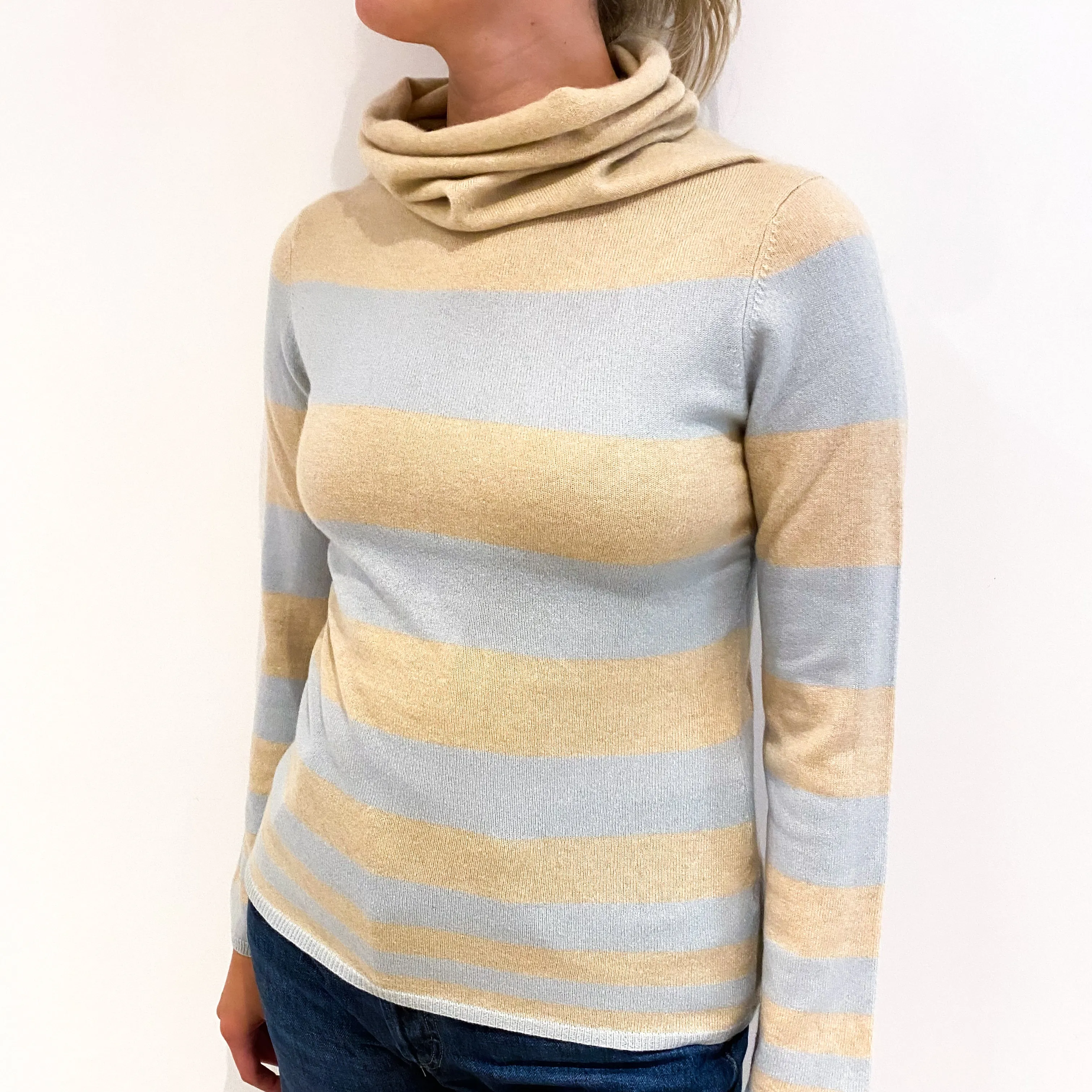Soft Beige Aqua Stripe Cashmere Cowl Neck Jumper Small