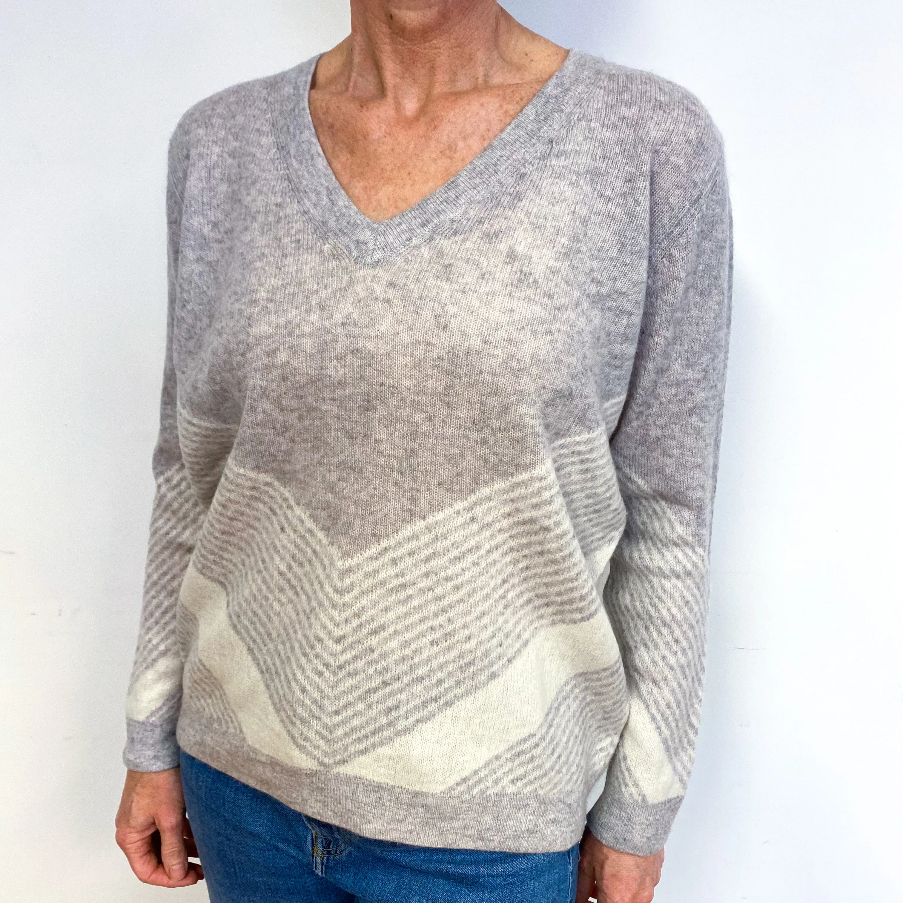Soft Grey And Cream Cashmere V-Neck Jumper Medium