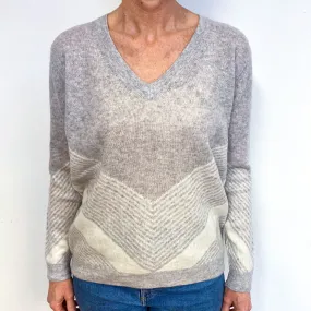 Soft Grey And Cream Cashmere V-Neck Jumper Medium