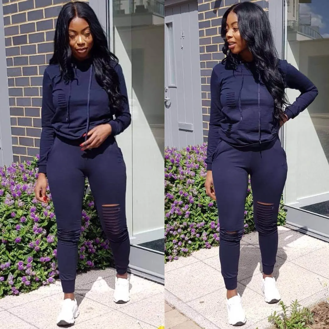 Sports Ripped Drawstring Hoodie Long Sleeve Blouse Pants Sets