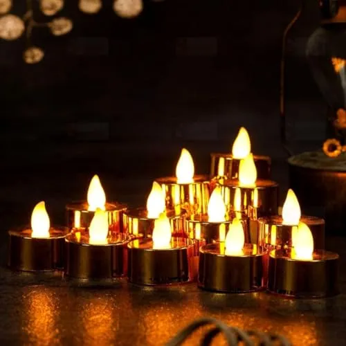 TAYLORED HOME Battery Powered Flickering Tealight Home Decor Flameless and Smokeless Decorative Acrylic Candles Led Tea Light House, Diwali, Christmas, Festival,... (Pack of 24, Golden)