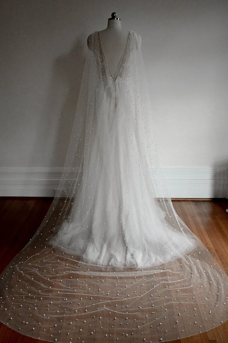 Veil/Cape with Pearls/Glitter Cape for Bridal /Shawl with Pearls Evening Cape