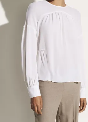 Vince White Shirred Silk Long Sleeve Blouse