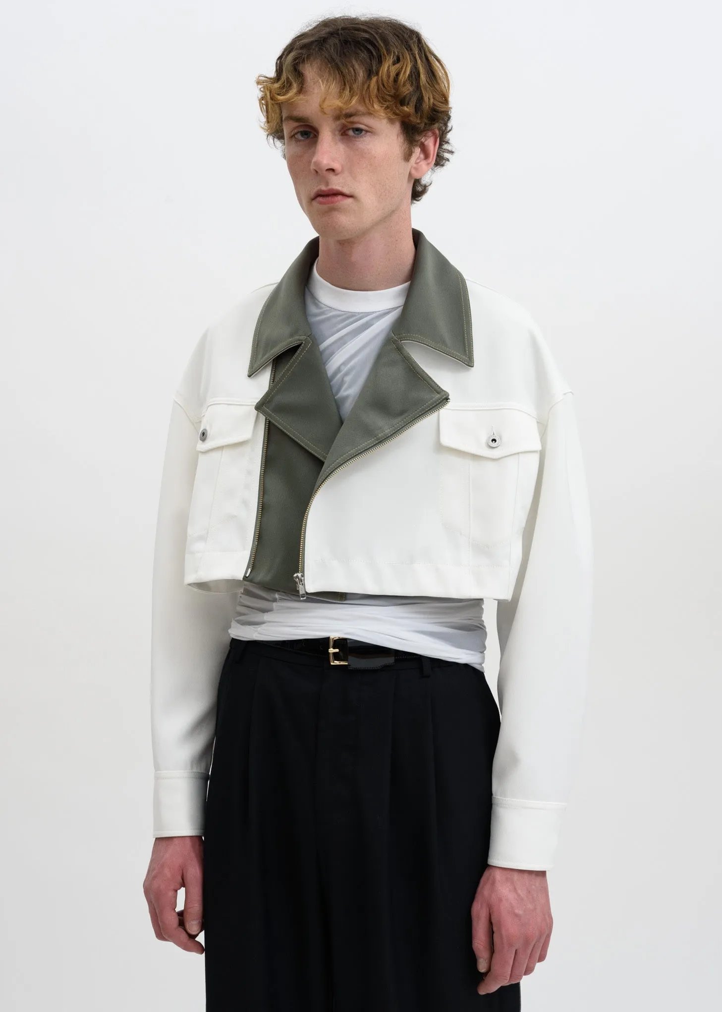 White Color Blocked Double Breasted Jacket