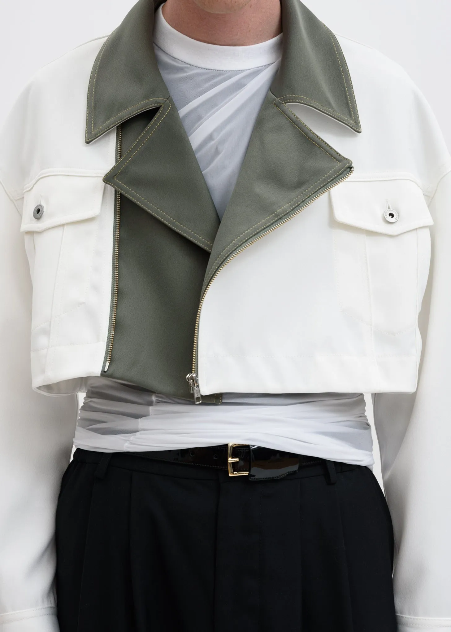 White Color Blocked Double Breasted Jacket