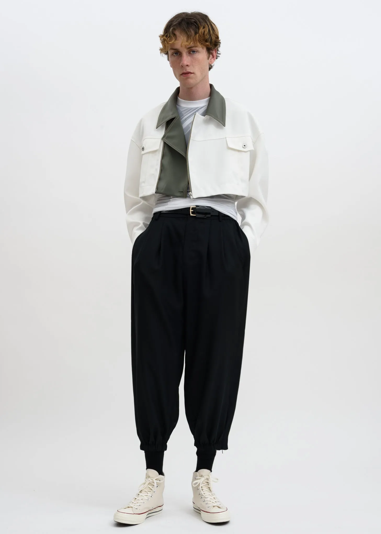 White Color Blocked Double Breasted Jacket