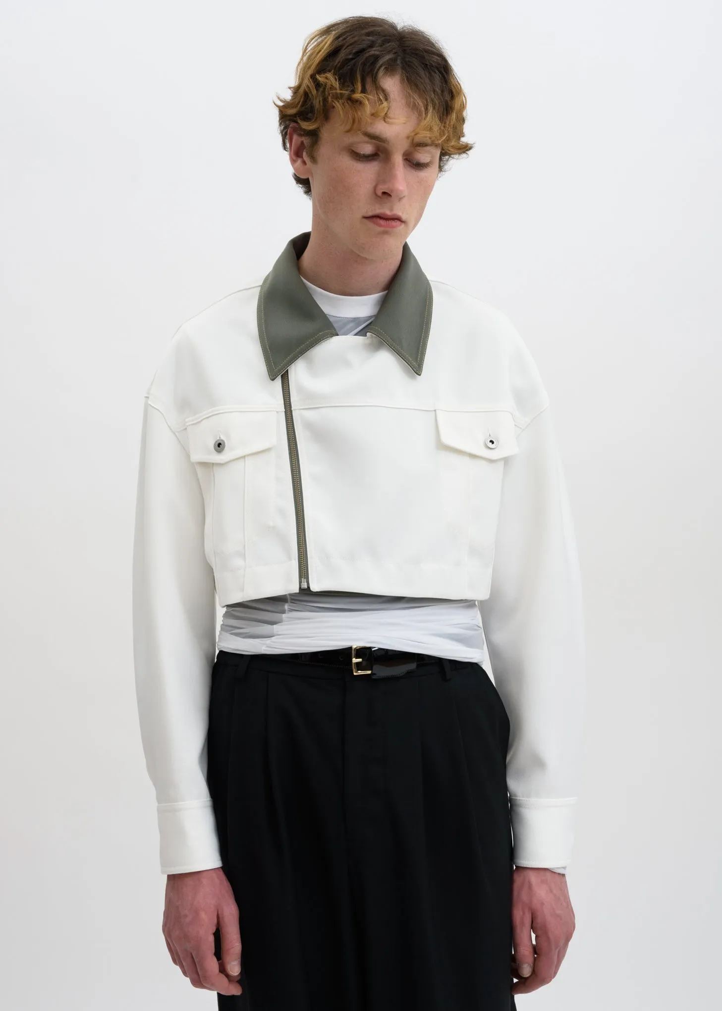 White Color Blocked Double Breasted Jacket