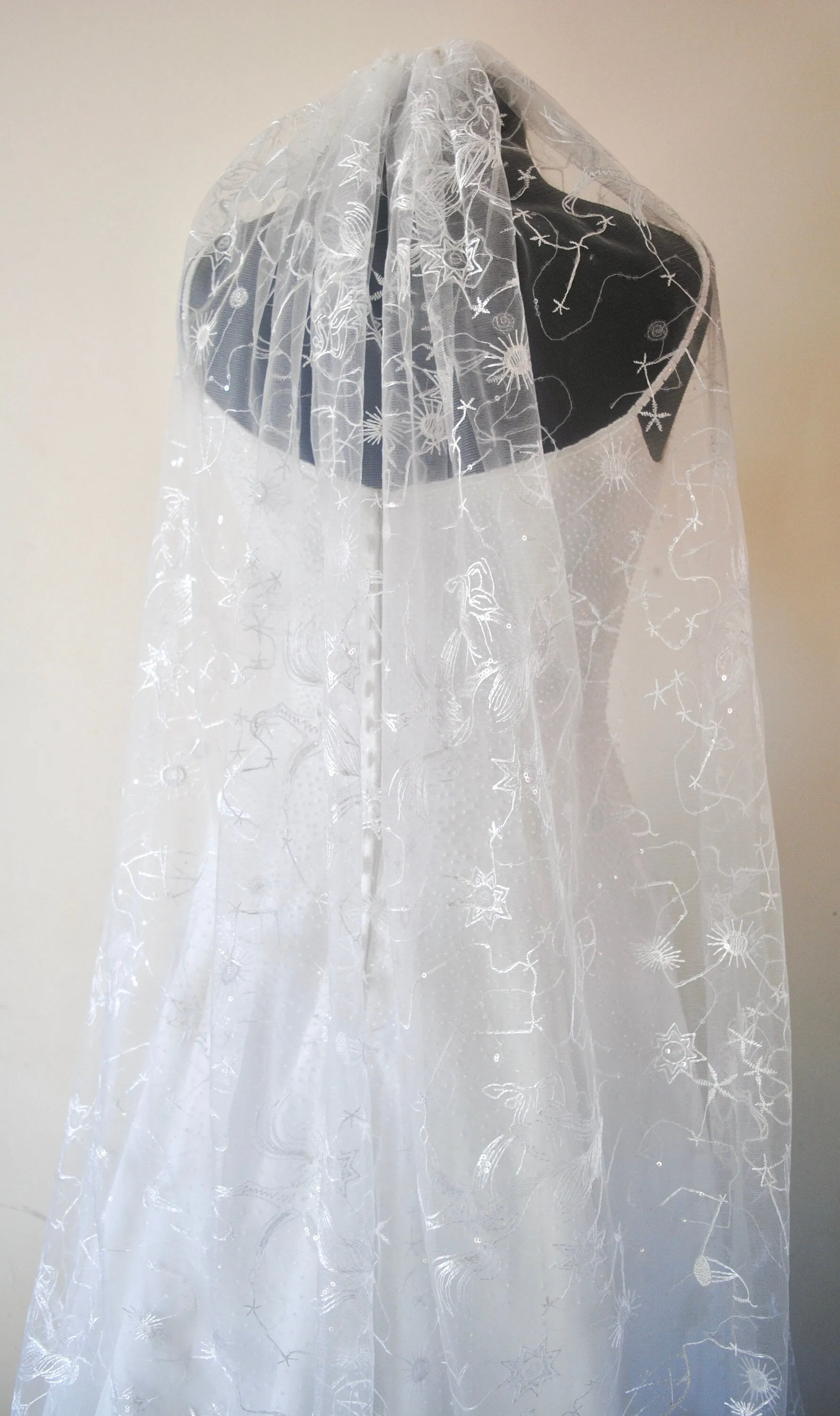 White Embroidered Celestial Bridal Veil, Soft Tulle with Sequin Stars Wedding Veil