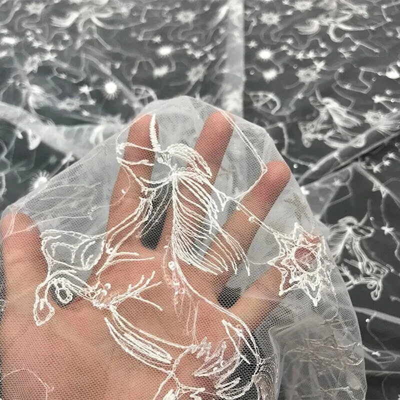 White Embroidered Celestial Bridal Veil, Soft Tulle with Sequin Stars Wedding Veil