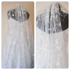 White Embroidered Celestial Bridal Veil, Soft Tulle with Sequin Stars Wedding Veil