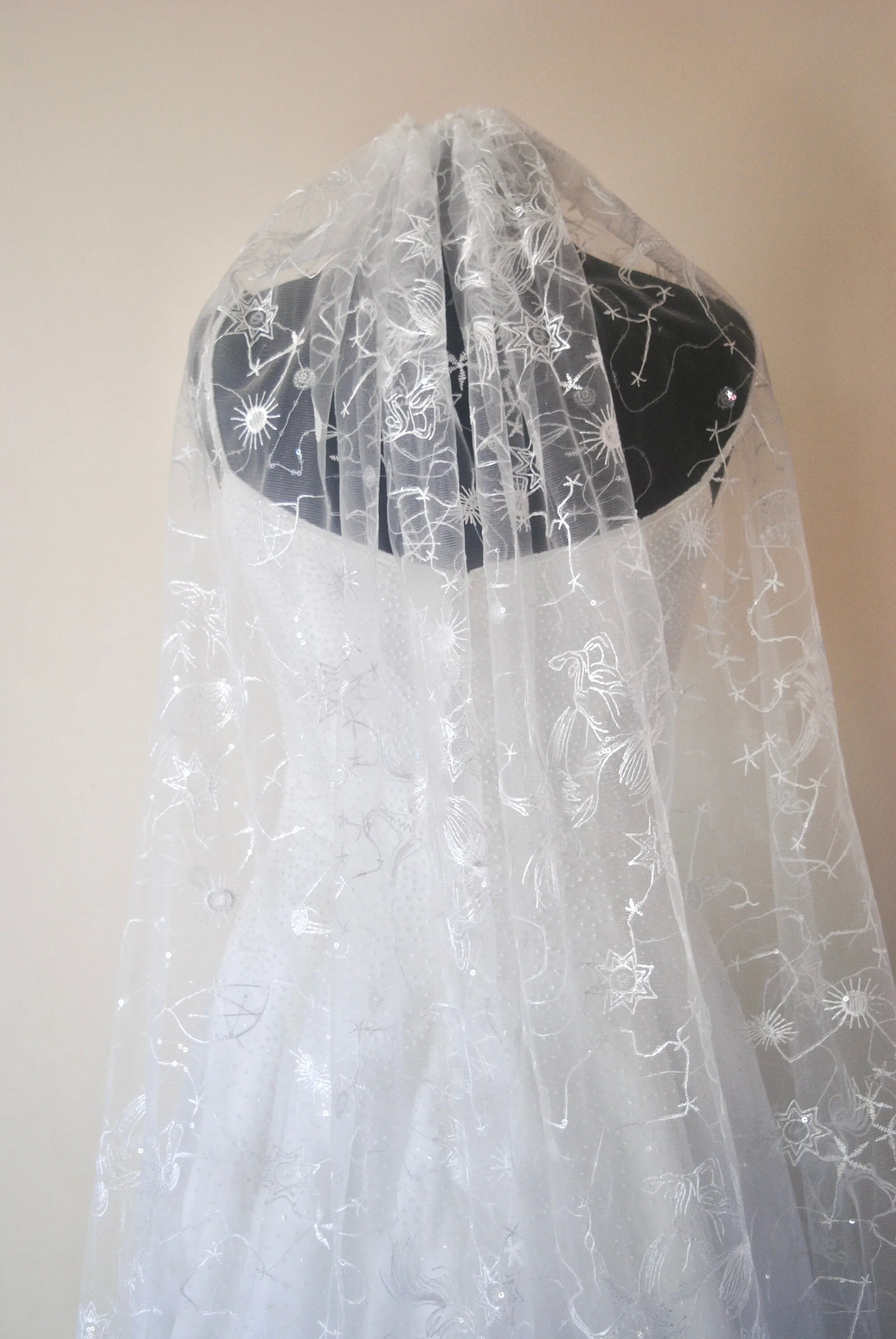 White Embroidered Celestial Bridal Veil, Soft Tulle with Sequin Stars Wedding Veil