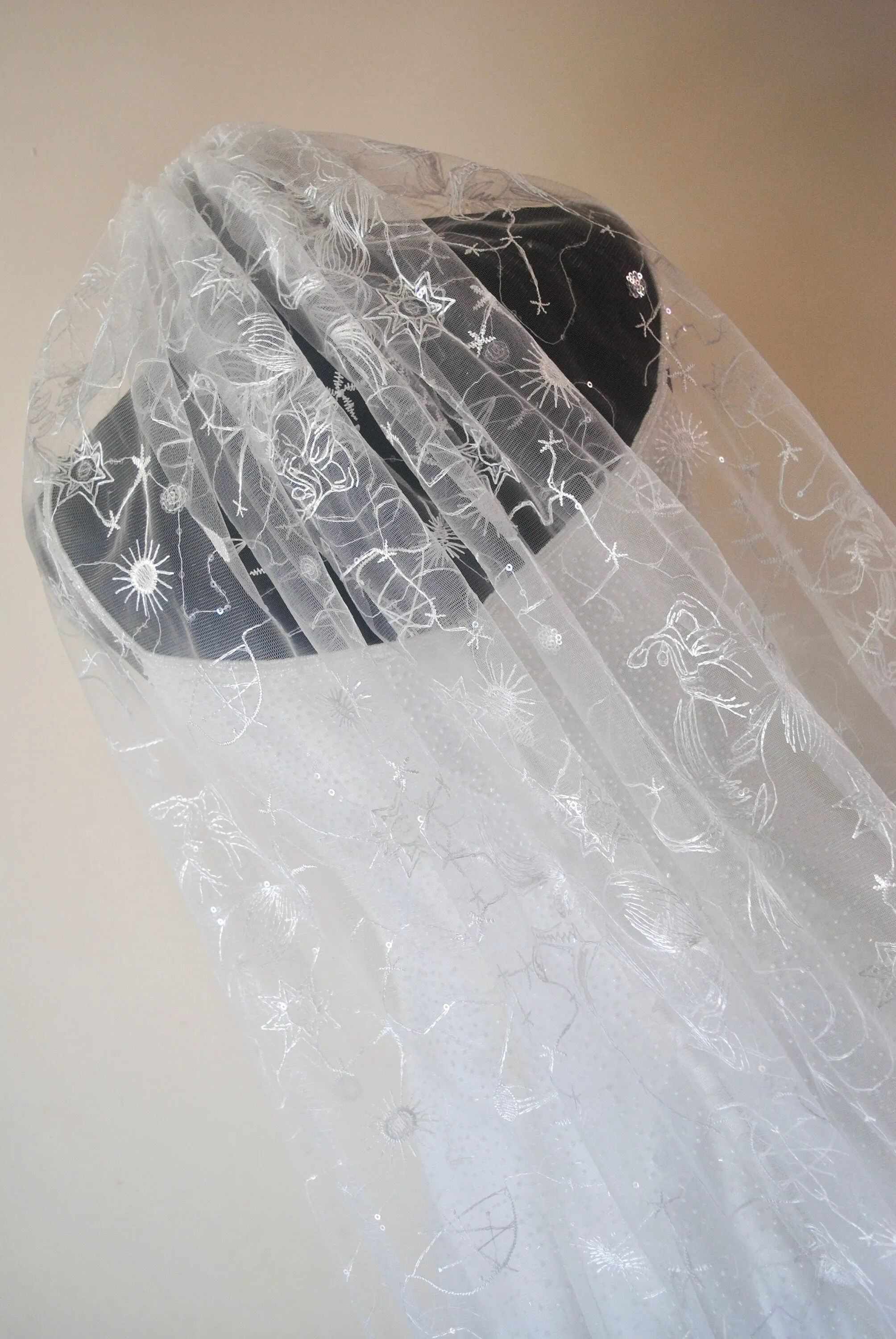 White Embroidered Celestial Bridal Veil, Soft Tulle with Sequin Stars Wedding Veil