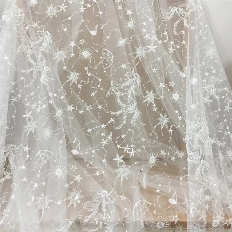 White Embroidered Celestial Bridal Veil, Soft Tulle with Sequin Stars Wedding Veil