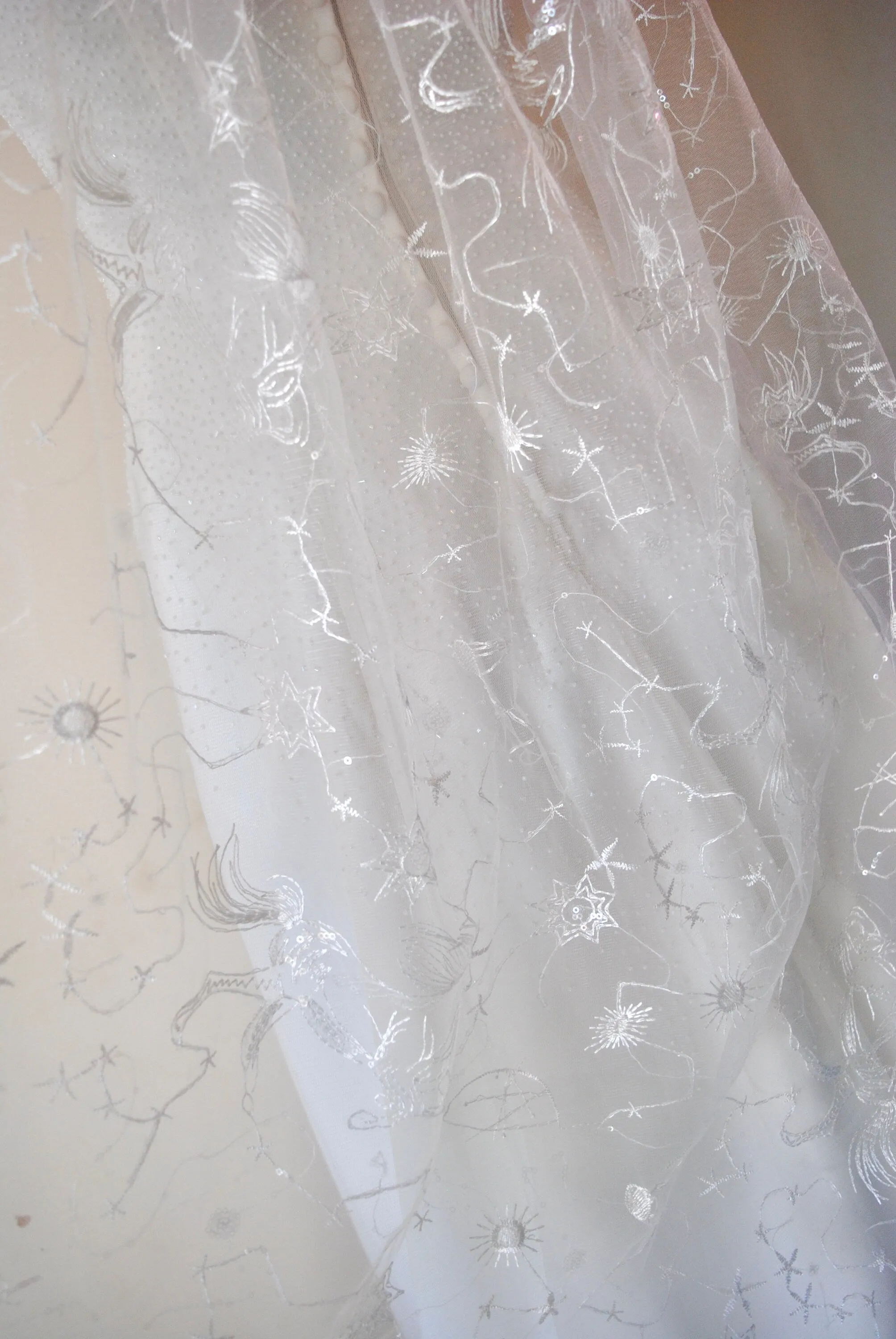 White Embroidered Celestial Bridal Veil, Soft Tulle with Sequin Stars Wedding Veil