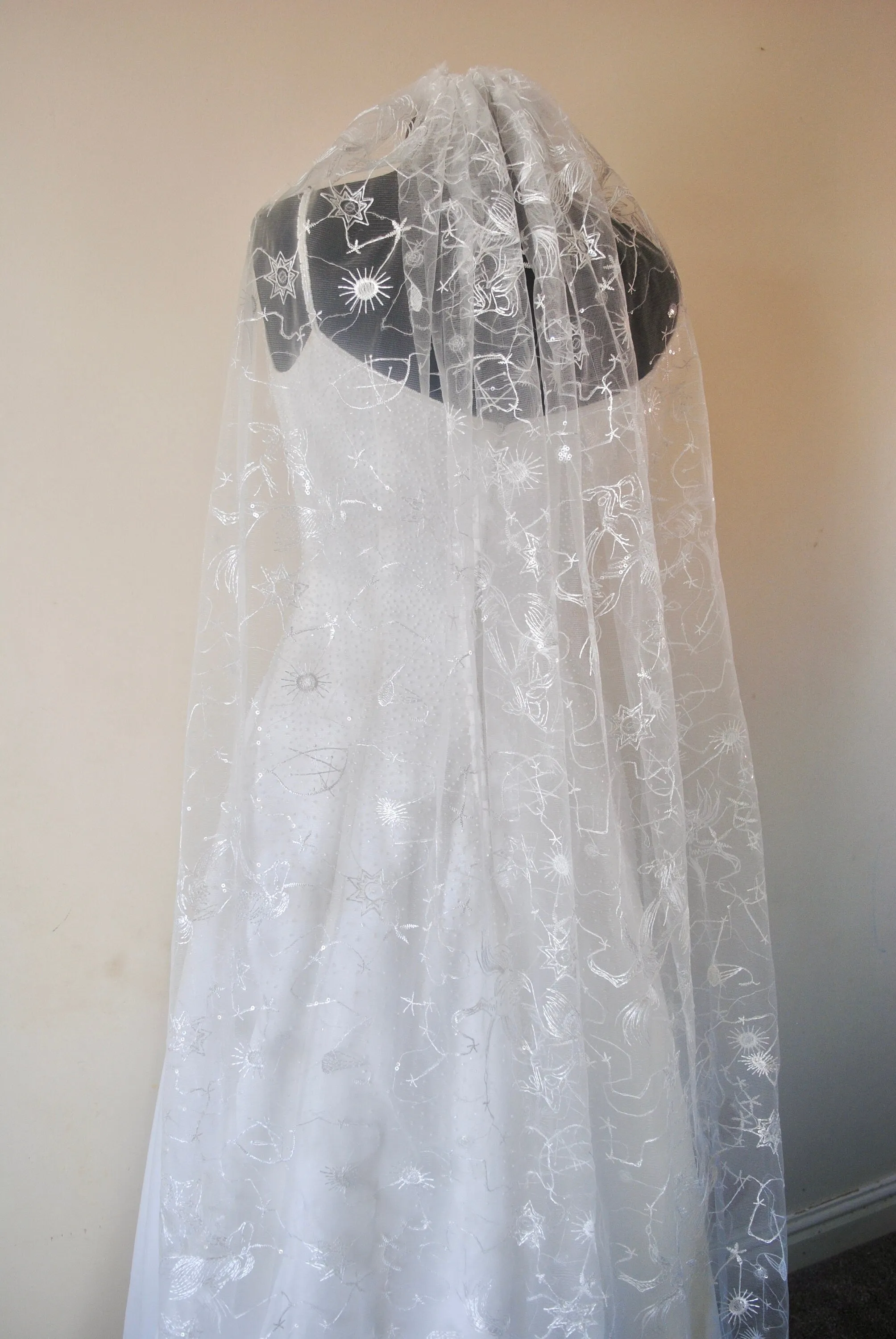 White Embroidered Celestial Bridal Veil, Soft Tulle with Sequin Stars Wedding Veil
