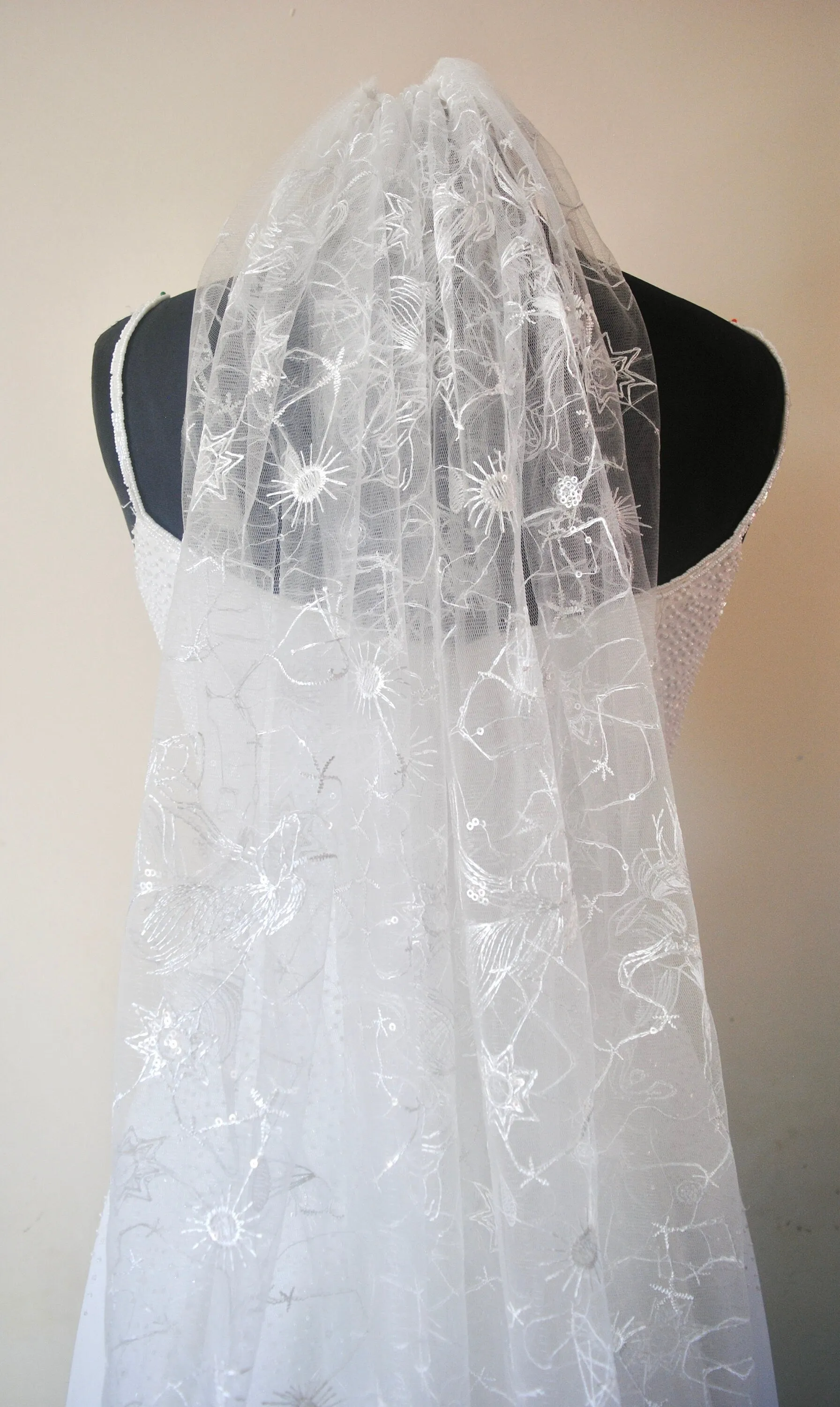 White Embroidered Celestial Bridal Veil, Soft Tulle with Sequin Stars Wedding Veil