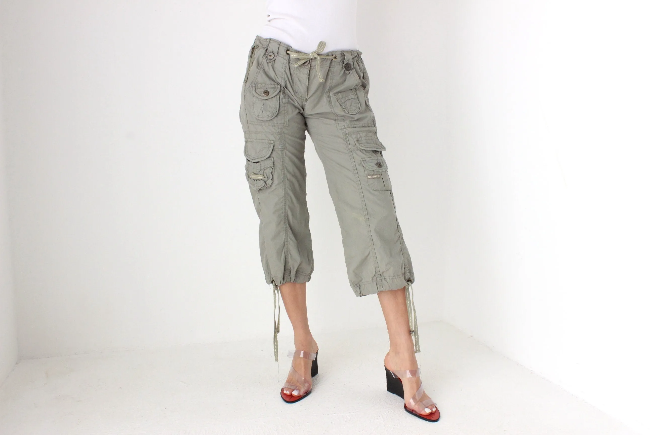 Y2K Khaki Cropped Knee Length Cargo Capri Pants